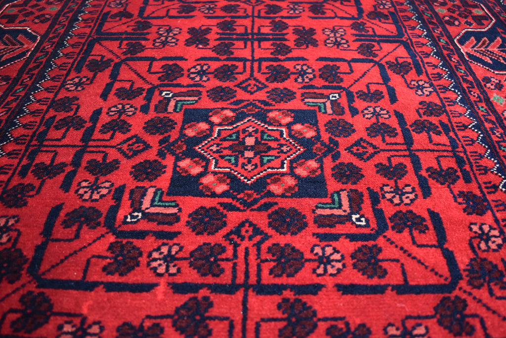 32 ft Long Afghan Bukhara Runner Rug Handwoven Wool, Rich Red & Blue Traditional Carpet, Boho Home Decor, Long Hallway Runner, Entryway Rug