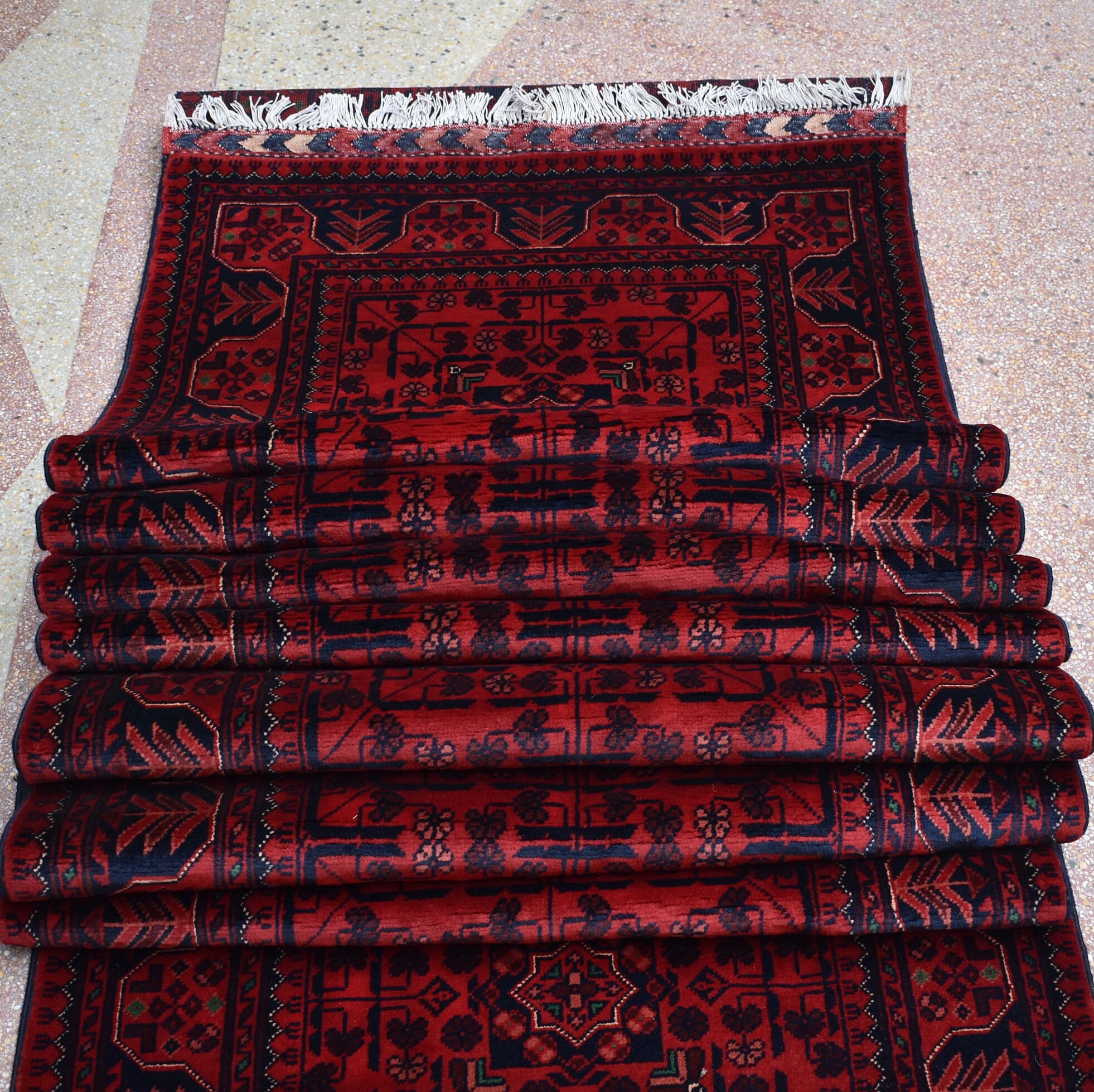 32 ft Long Afghan Bukhara Runner Rug Handwoven Wool, Rich Red & Blue Traditional Carpet, Boho Home Decor, Long Hallway Runner, Entryway Rug