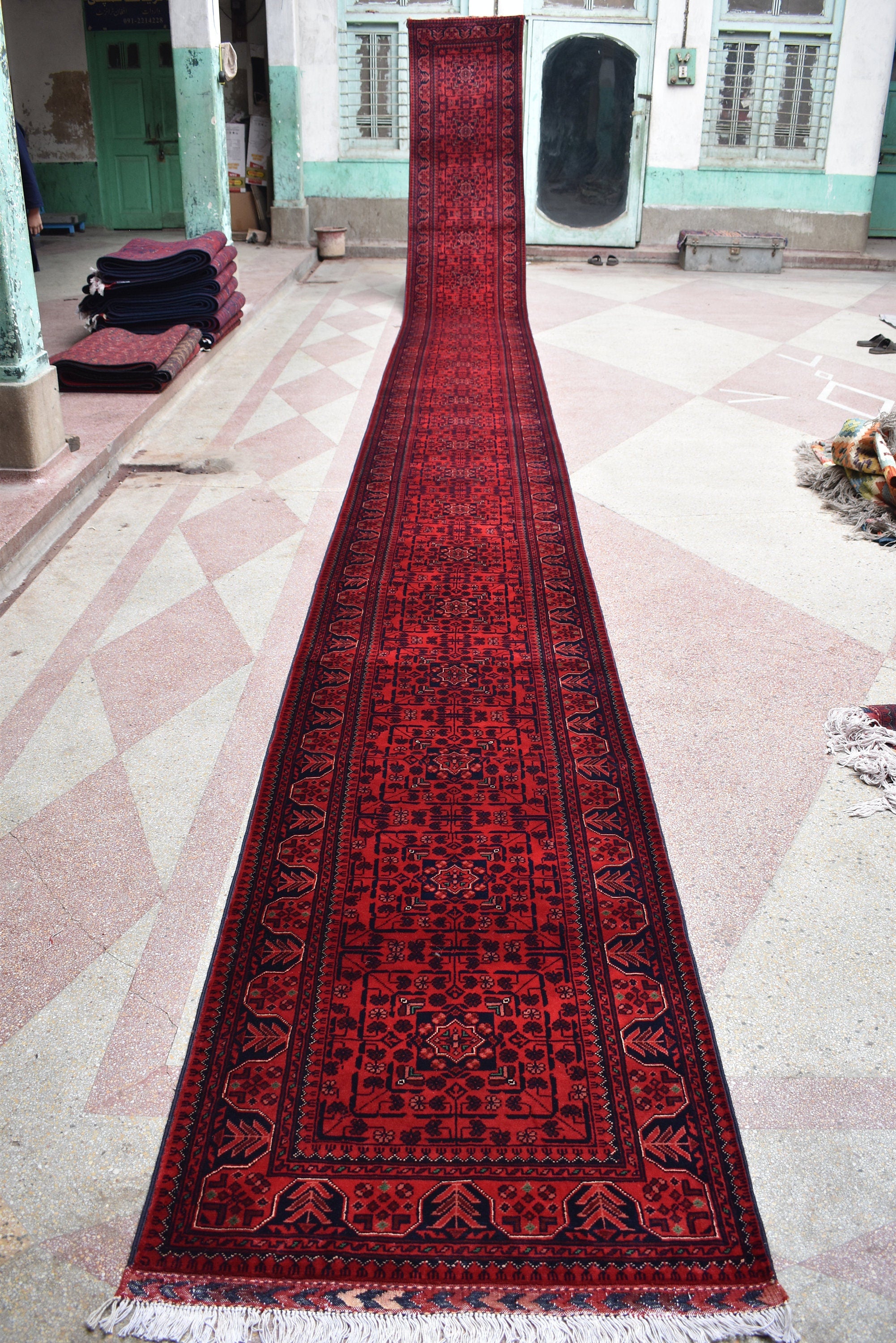 3x32ft, Runner Rug – Extra Long Afghan Red Carpet, Handknotted Wool Hallway Rug, Ideal for Weddings, Ceremonies, Events, Office or Entryway