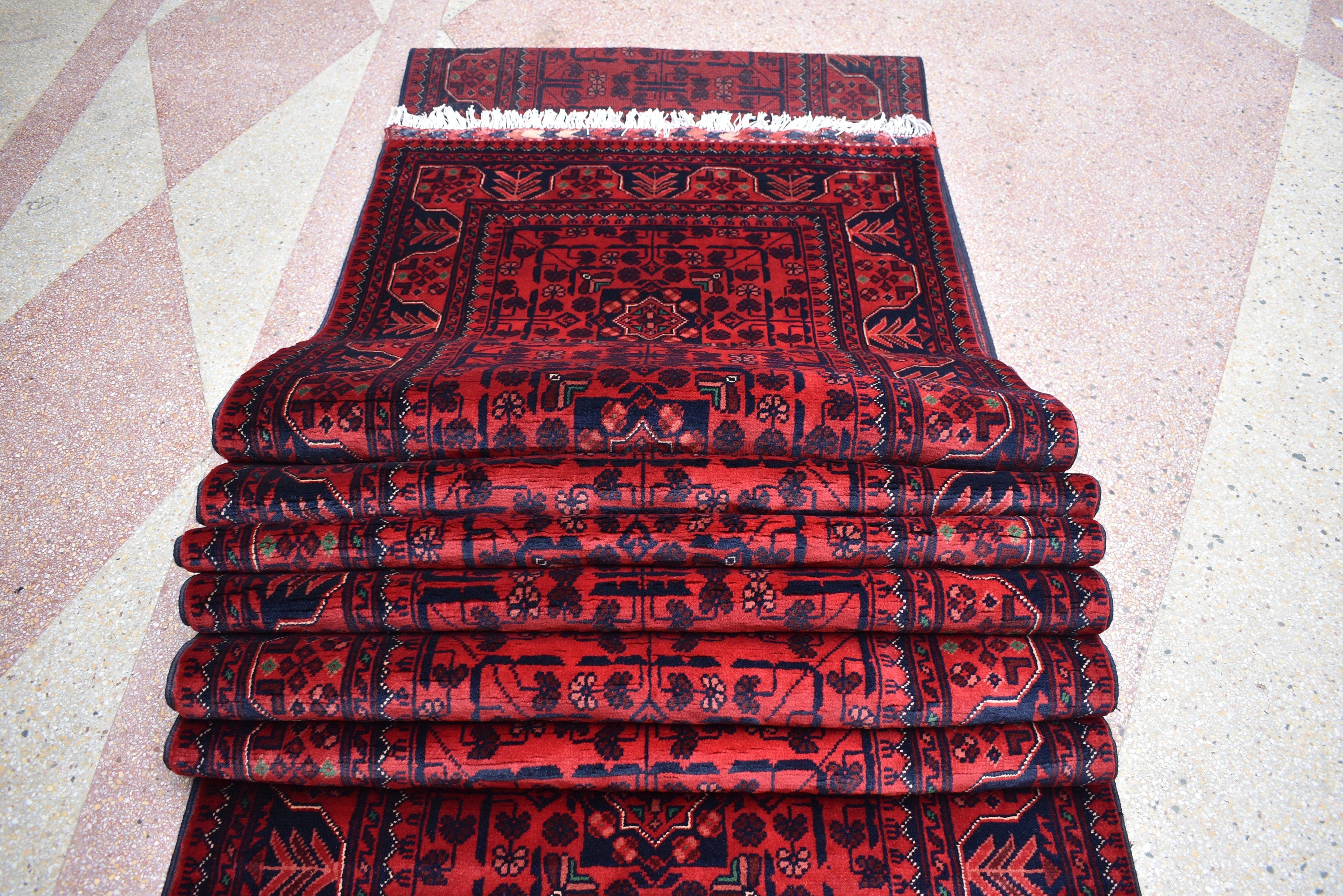 3x32ft, Runner Rug – Extra Long Afghan Red Carpet, Handknotted Wool Hallway Rug, Ideal for Weddings, Ceremonies, Events, Office or Entryway