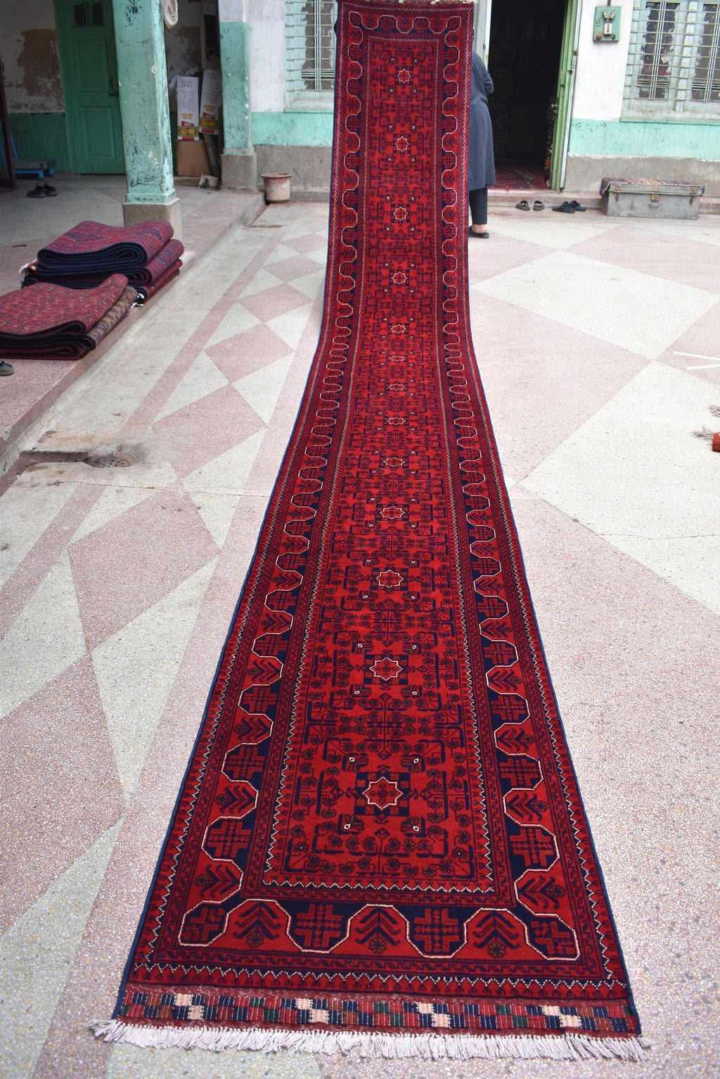 3x20ft Red Bukhara Runner Rug – Hand-Knotted Afghan Wool Rug, Ideal for Hallways, Weddings, Festivals & Traditional Events 598X77 cm