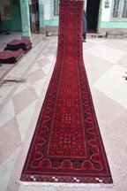 3x20ft Red Bukhara Runner Rug – Hand-Knotted Afghan Wool Rug, Ideal for Hallways, Weddings, Festivals & Traditional Events 598X77 cm