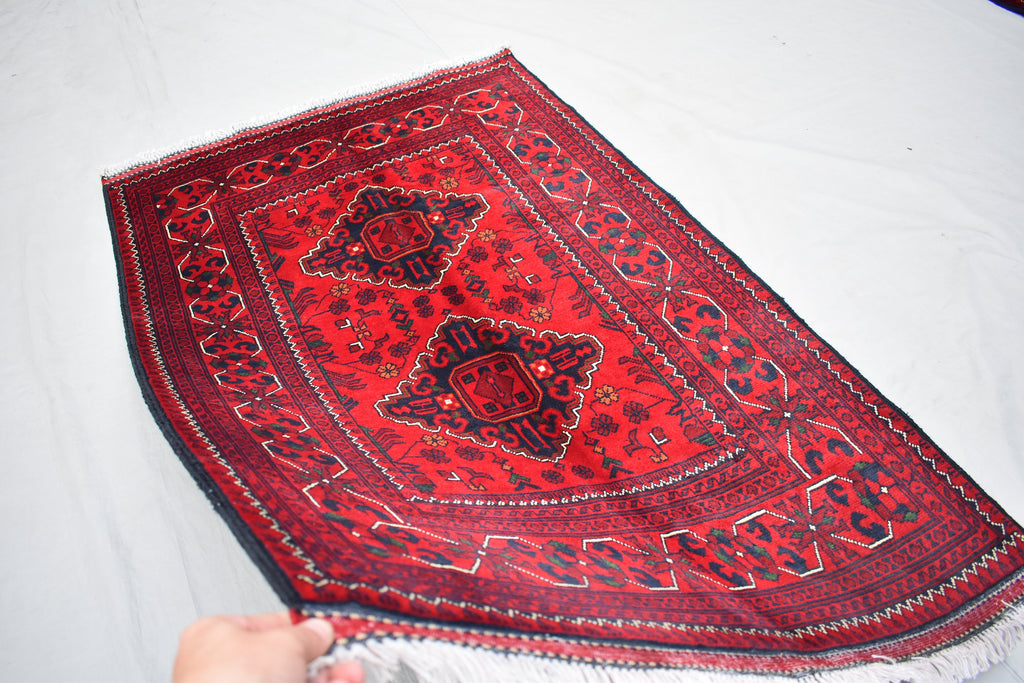3x5 Bukhara Afghan Hand-woven Tribal Wool Rug, Rich Red and Navy Blue Rug, Rug for Hallway, Bedroom and Office, Accent Size Rug 5.1x3.3 ft