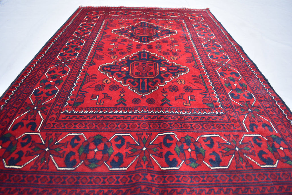 3x5 Bukhara Afghan Hand-woven Tribal Wool Rug, Rich Red and Navy Blue Rug, Rug for Hallway, Bedroom and Office, Accent Size Rug 5.1x3.3 ft