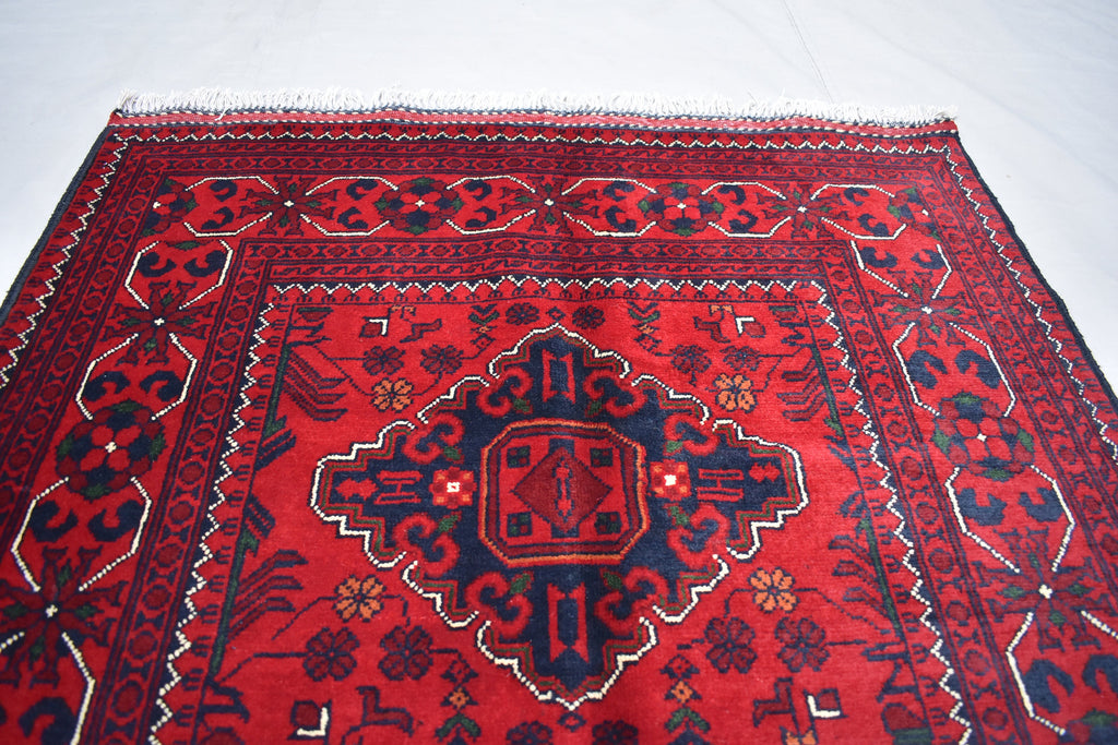 3x5 Bukhara Afghan Hand-woven Tribal Wool Rug, Rich Red and Navy Blue Rug, Rug for Hallway, Bedroom and Office, Accent Size Rug 5.1x3.3 ft