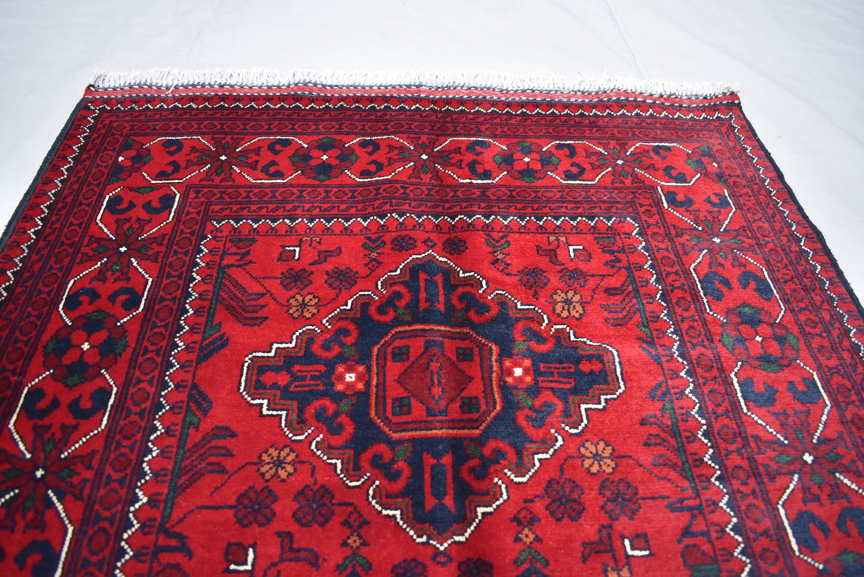 3x5 Bukhara Afghan Hand-woven Tribal Wool Rug, Rich Red and Navy Blue Rug, Rug for Hallway, Bedroom and Office, Accent Size Rug 5.1x3.3 ft
