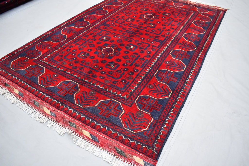 3x5 Bukhara Rug Hand-knotted Afghan Tribal Traditional Rug-Rich Red and Nay Blue Rug, Small Size Rug - Perfect For bedroom, Hallways, Office