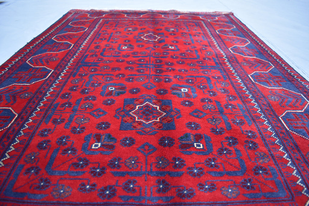 3x5 Bukhara Rug Hand-knotted Afghan Tribal Traditional Rug-Rich Red and Nay Blue Rug, Small Size Rug - Perfect For bedroom, Hallways, Office