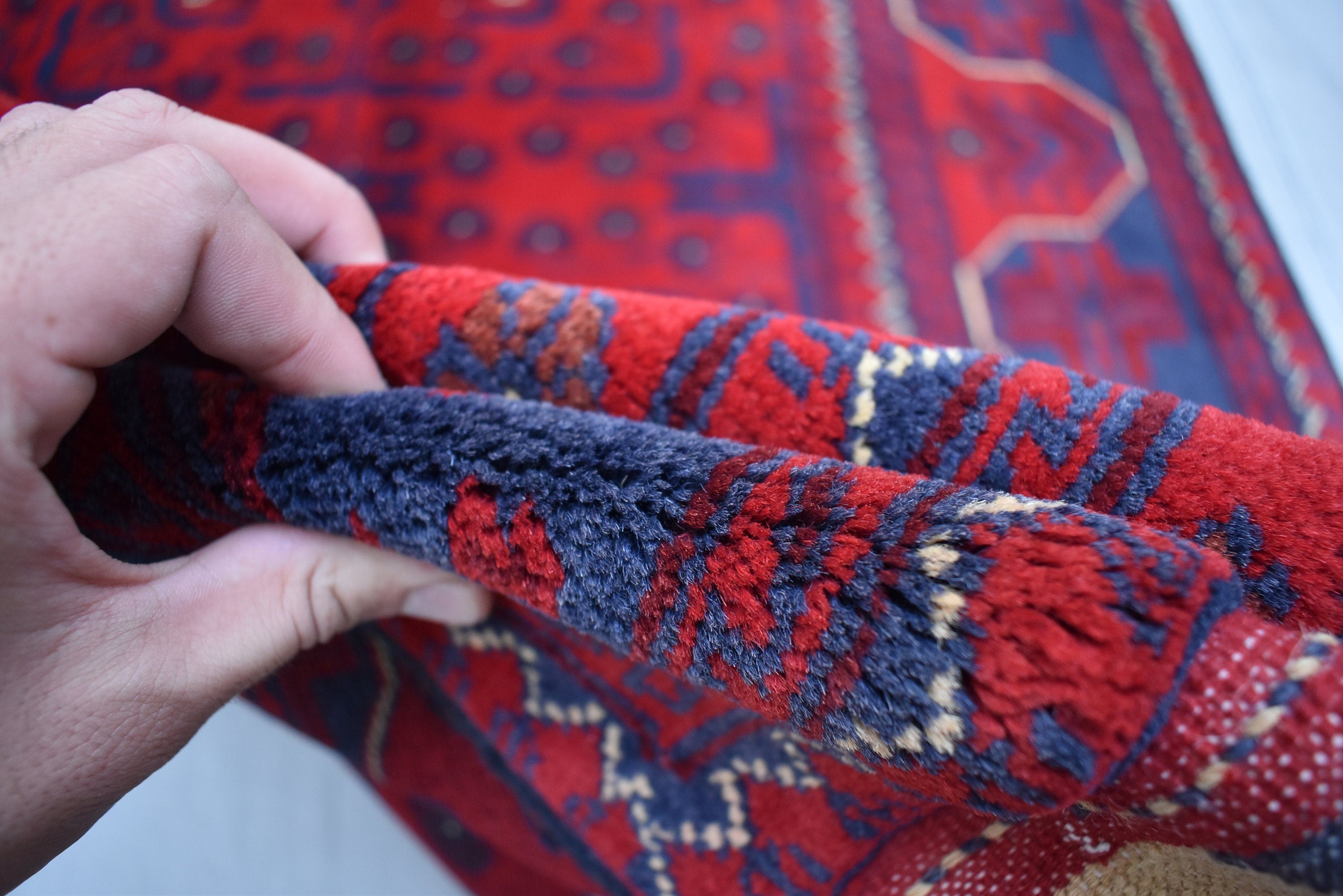 3x5 Bukhara Rug Hand-knotted Afghan Tribal Traditional Rug-Rich Red and Nay Blue Rug, Small Size Rug - Perfect For bedroom, Hallways, Office