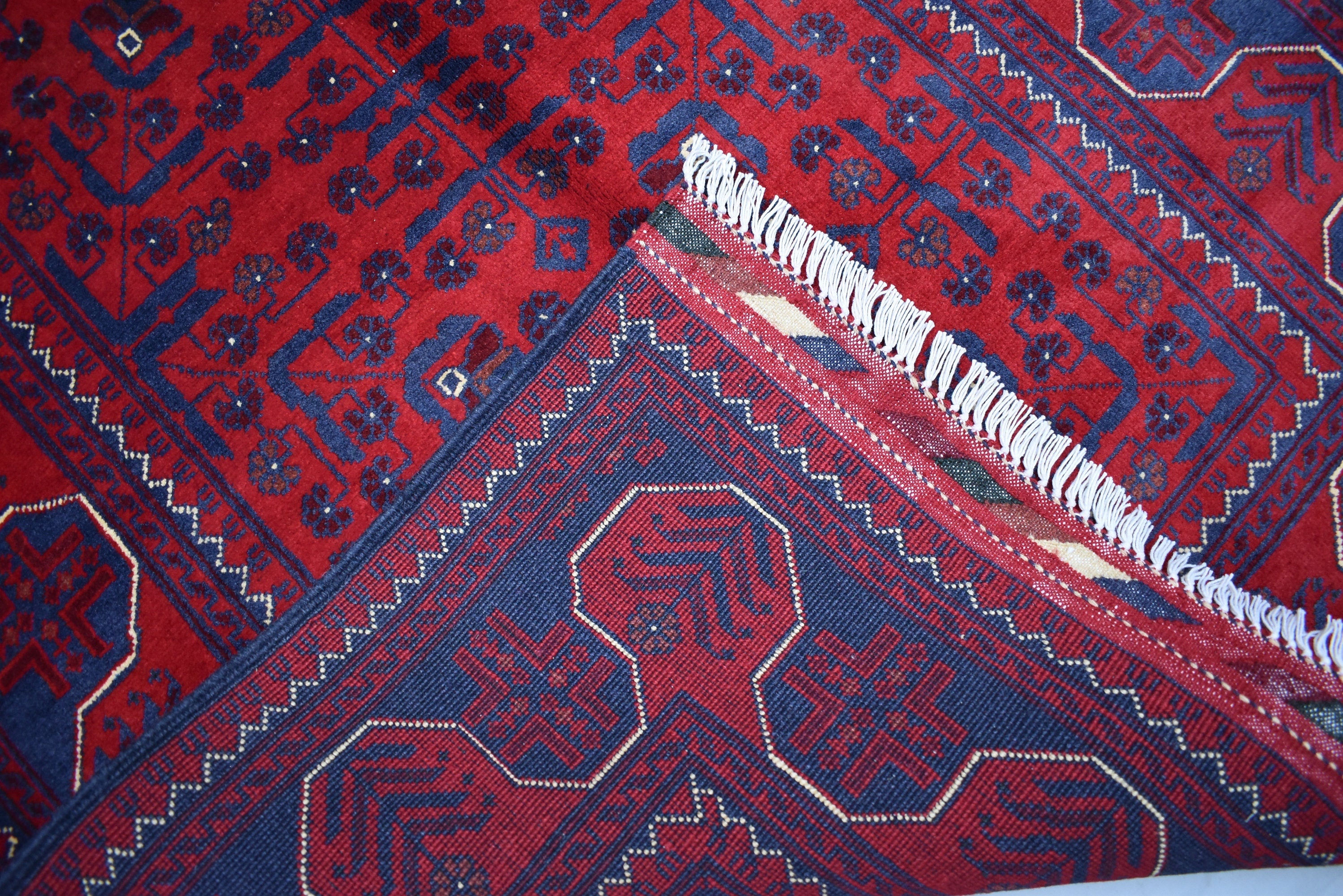 3x5 Bukhara Rug Hand-knotted Afghan Tribal Traditional Rug-Rich Red and Nay Blue Rug, Small Size Rug - Perfect For bedroom, Hallways, Office