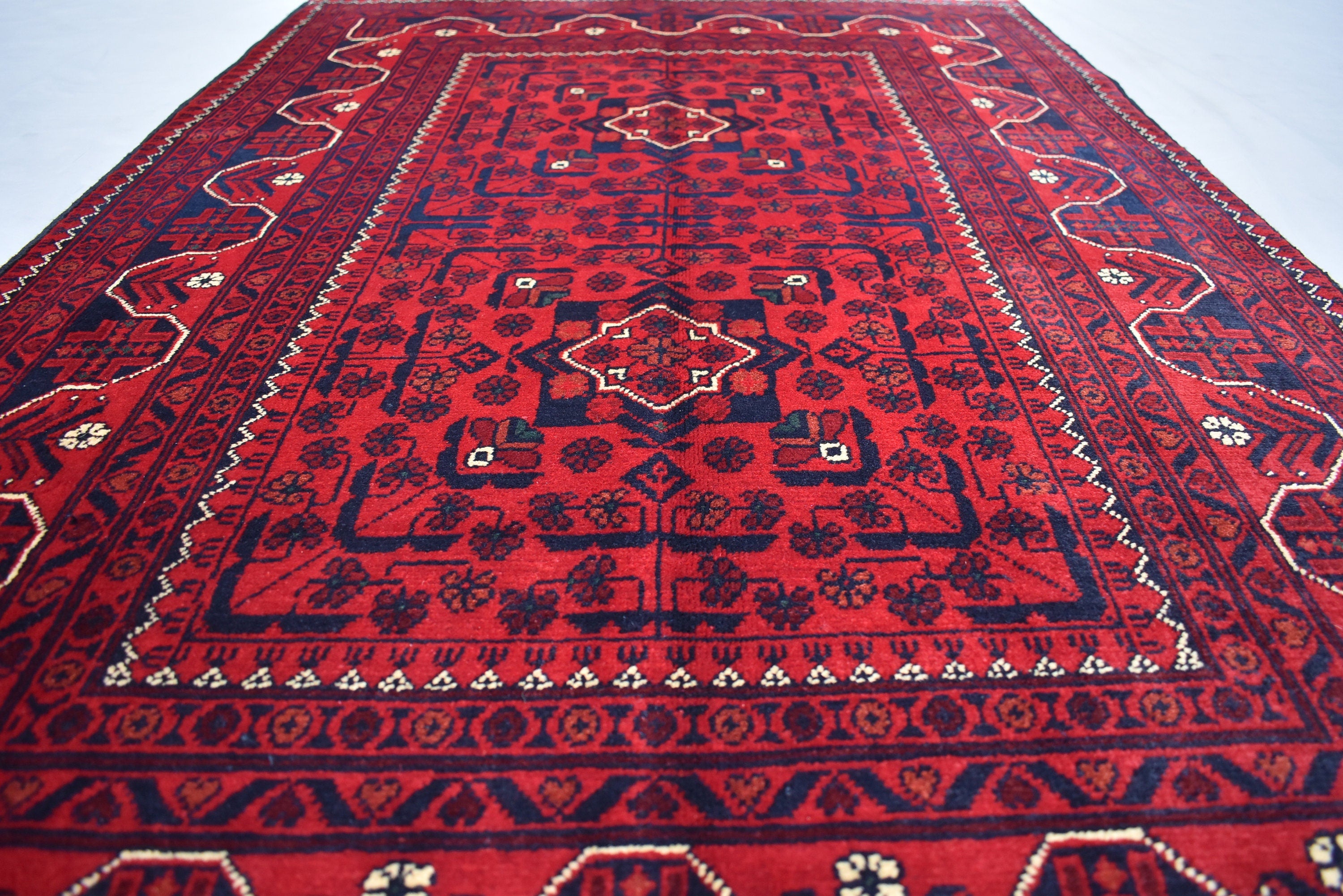 3x5 Afghan Bukhara Rug – Turkmen Hand-Knotted Wool Tribal Area Rug – Red Oriental Afghan Carpet – Traditional Vintage Style Decor 157x99cm