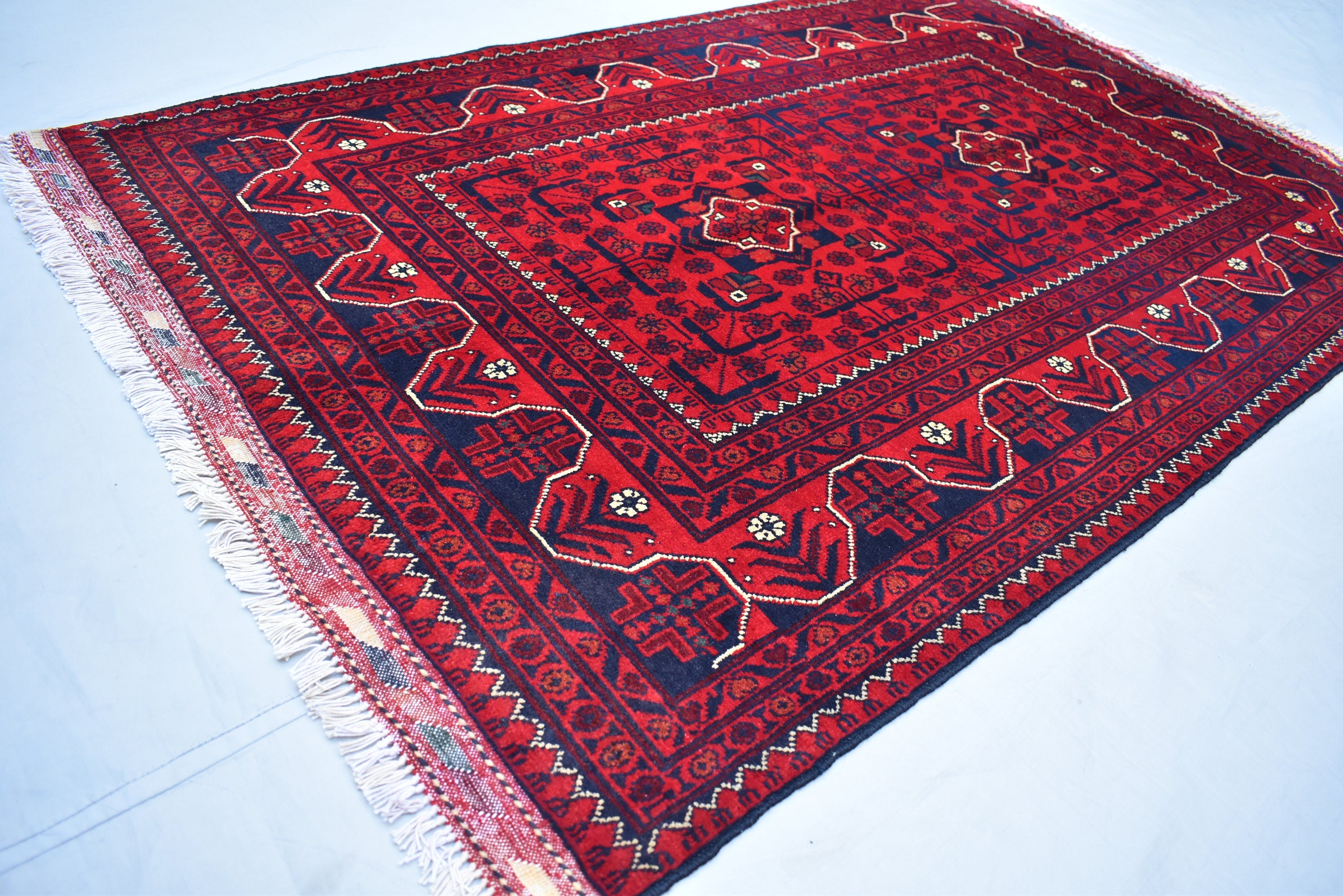 3x5 Afghan Bukhara Rug – Turkmen Hand-Knotted Wool Tribal Area Rug – Red Oriental Afghan Carpet – Traditional Vintage Style Decor 157x99cm