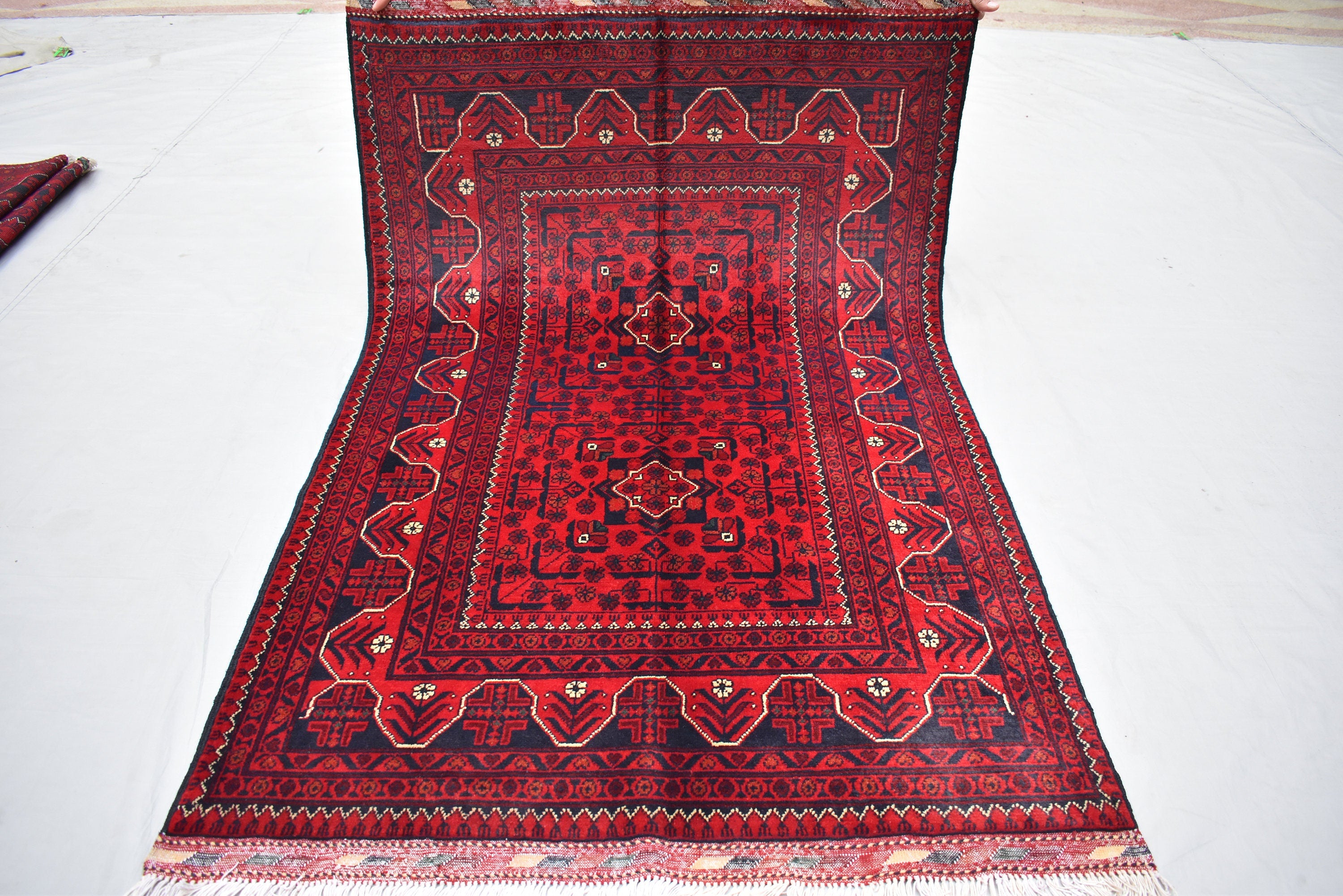 3x5 Afghan Bukhara Rug – Turkmen Hand-Knotted Wool Tribal Area Rug – Red Oriental Afghan Carpet – Traditional Vintage Style Decor 157x99cm