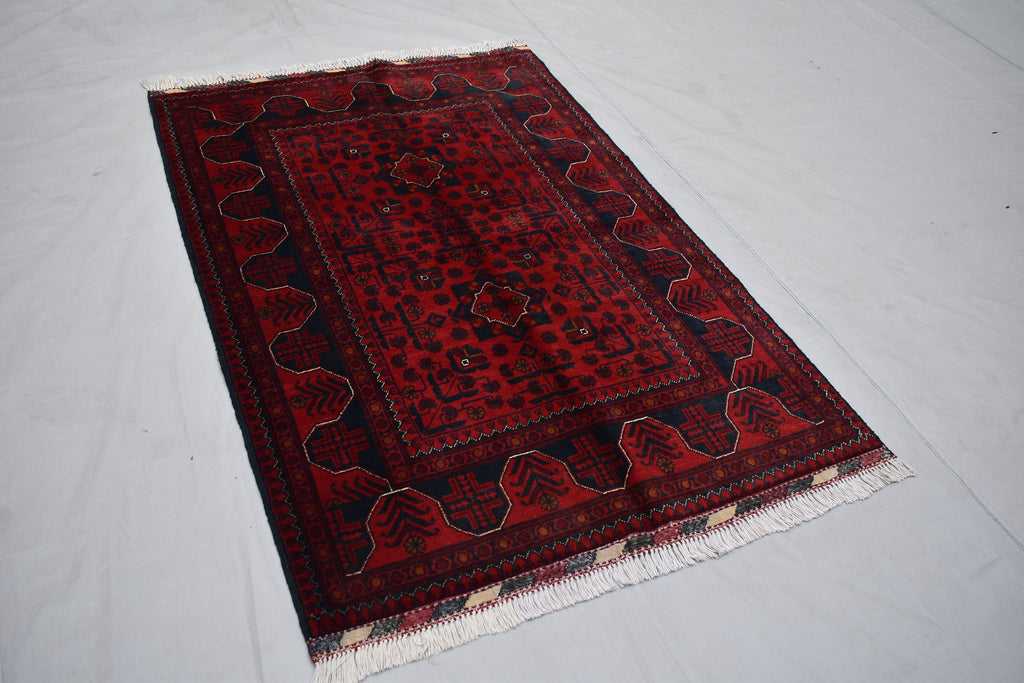 3x5 Red Handwoven Afghan Tribal Bukhara Turkmen Rug, 100% Wool, Nomadic Rug, Small Size Rug for Bedroom, Hallways, Entrance Soft and Durable