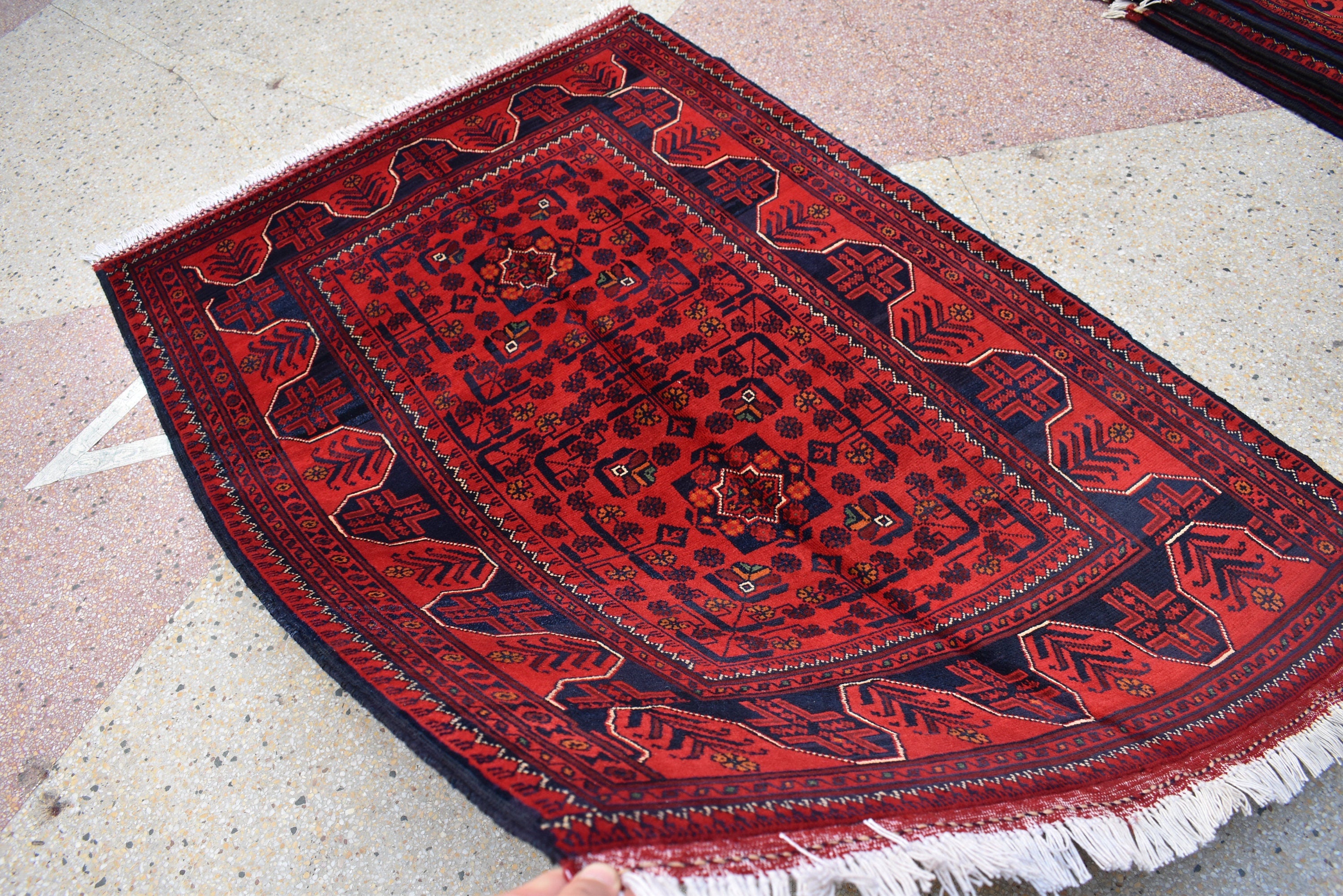 3x5 Bukhara Rug Turkmen 100% Wool Afghan Veg dyes Handmade Bukhara Pattern Turkmen Oriental Rug, Bedroom Rug, Perfect for Office 5.1x3.4 ft