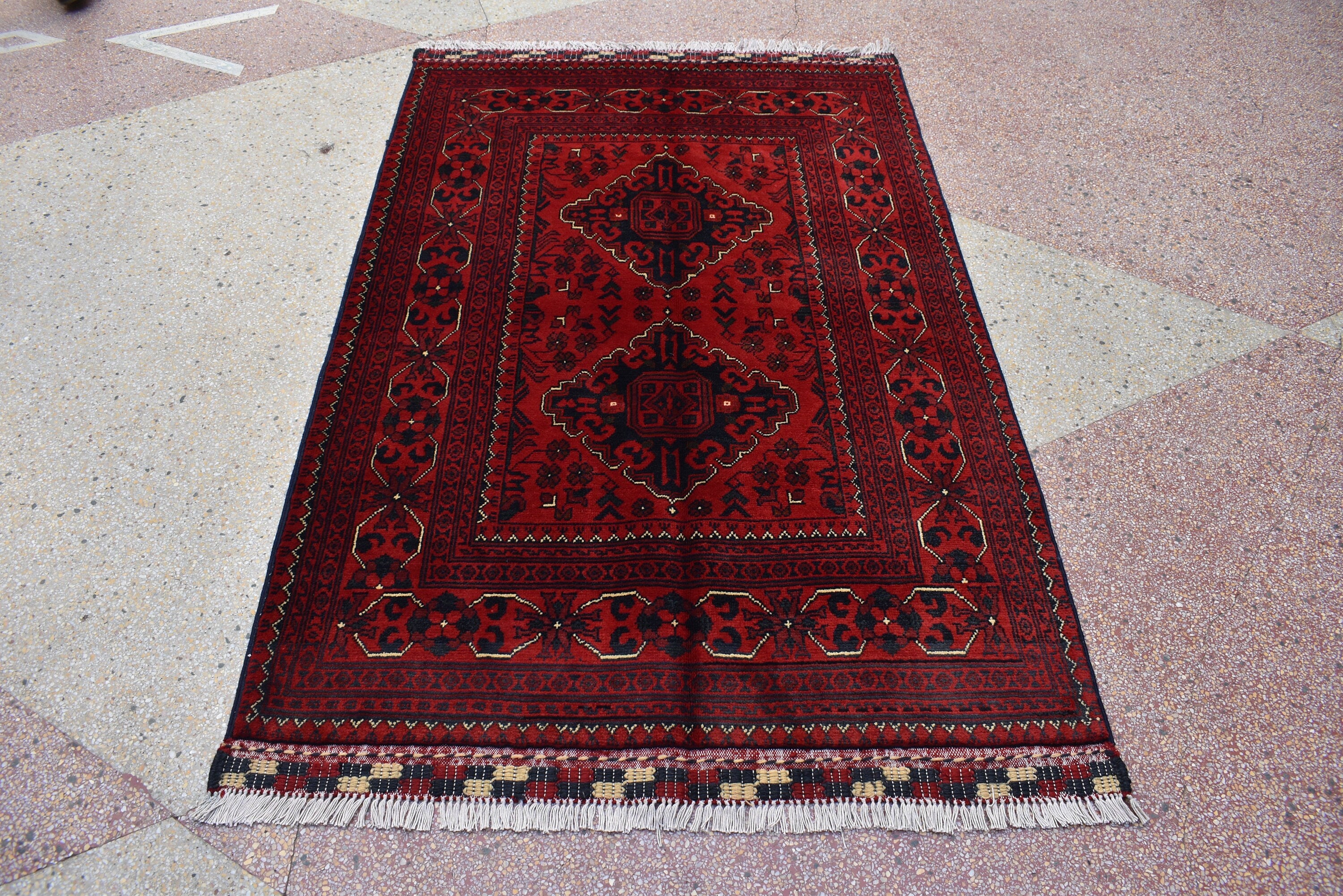 3x5 Afghan Bokhara Rug – Handmade Turkmen Wool Area Rug |Vegetable Dyed Red Oriental Bukhara Pattern Carpet for Home, Wedding Decor 156x99cm