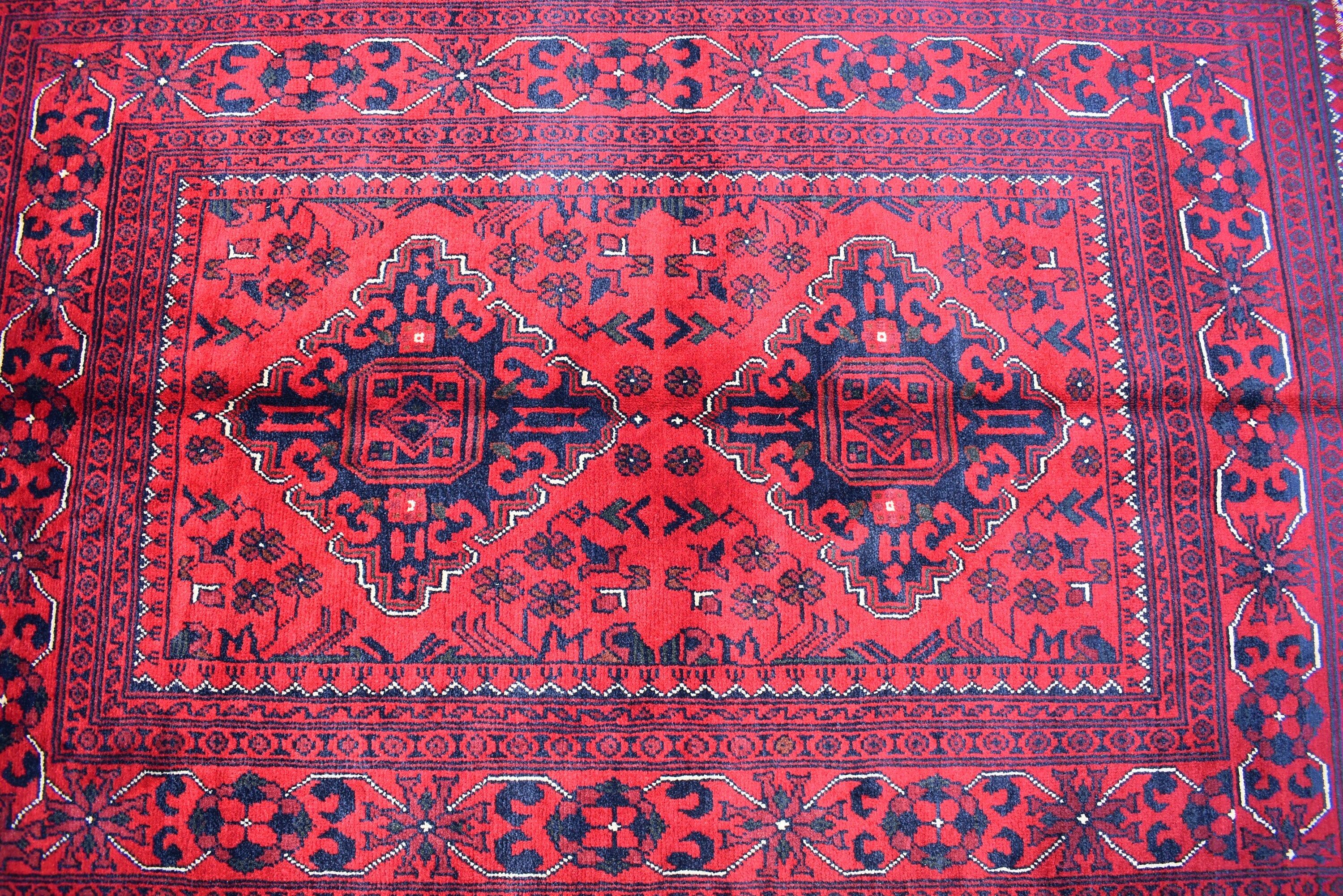 3x5 Afghan Bokhara Rug – Handmade Turkmen Wool Area Rug |Vegetable Dyed Red Oriental Bukhara Pattern Carpet for Home, Wedding Decor 156x99cm