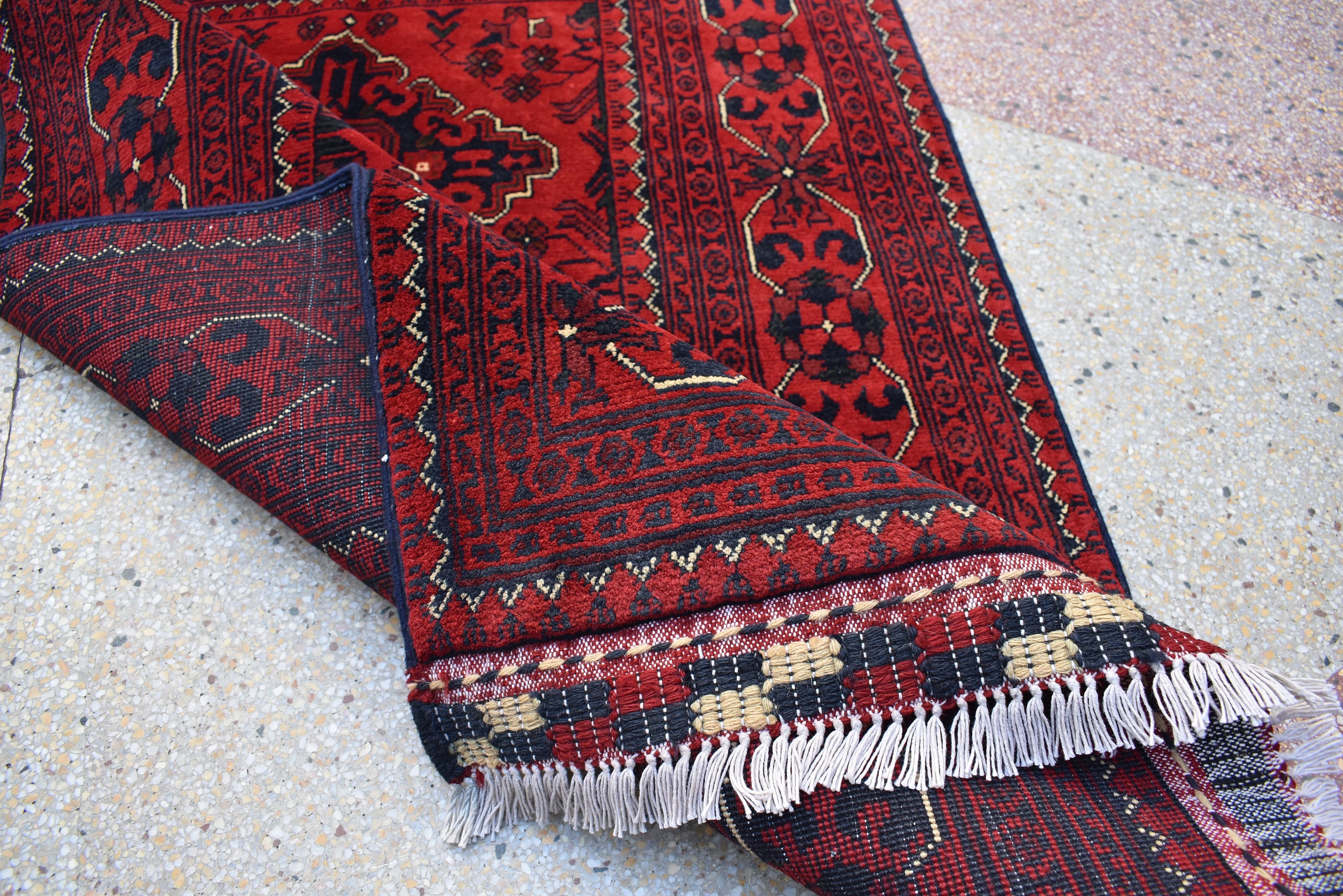 3x5 Afghan Bokhara Rug – Handmade Turkmen Wool Area Rug |Vegetable Dyed Red Oriental Bukhara Pattern Carpet for Home, Wedding Decor 156x99cm