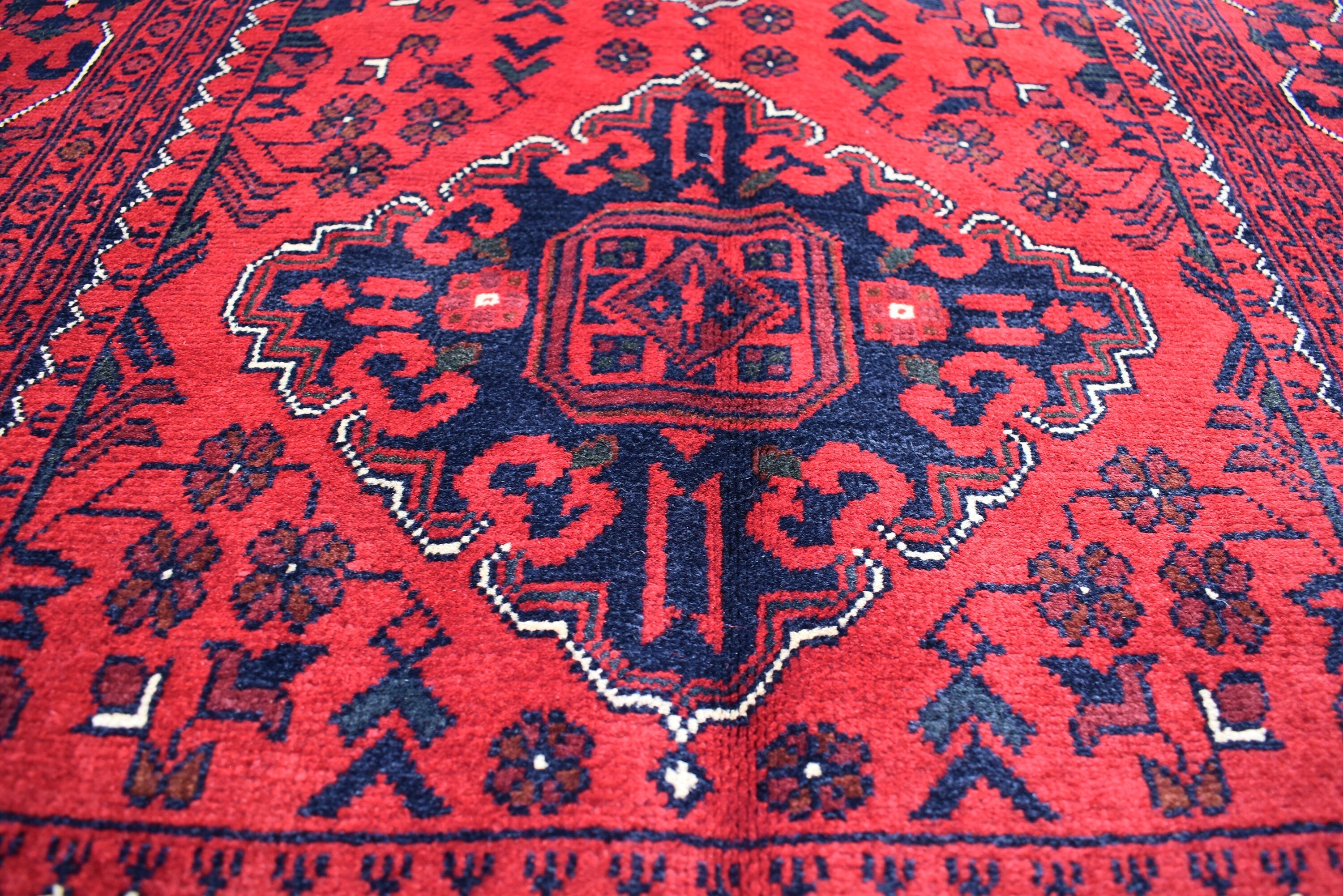 3x5 Afghan Bokhara Rug – Handmade Turkmen Wool Area Rug |Vegetable Dyed Red Oriental Bukhara Pattern Carpet for Home, Wedding Decor 156x99cm