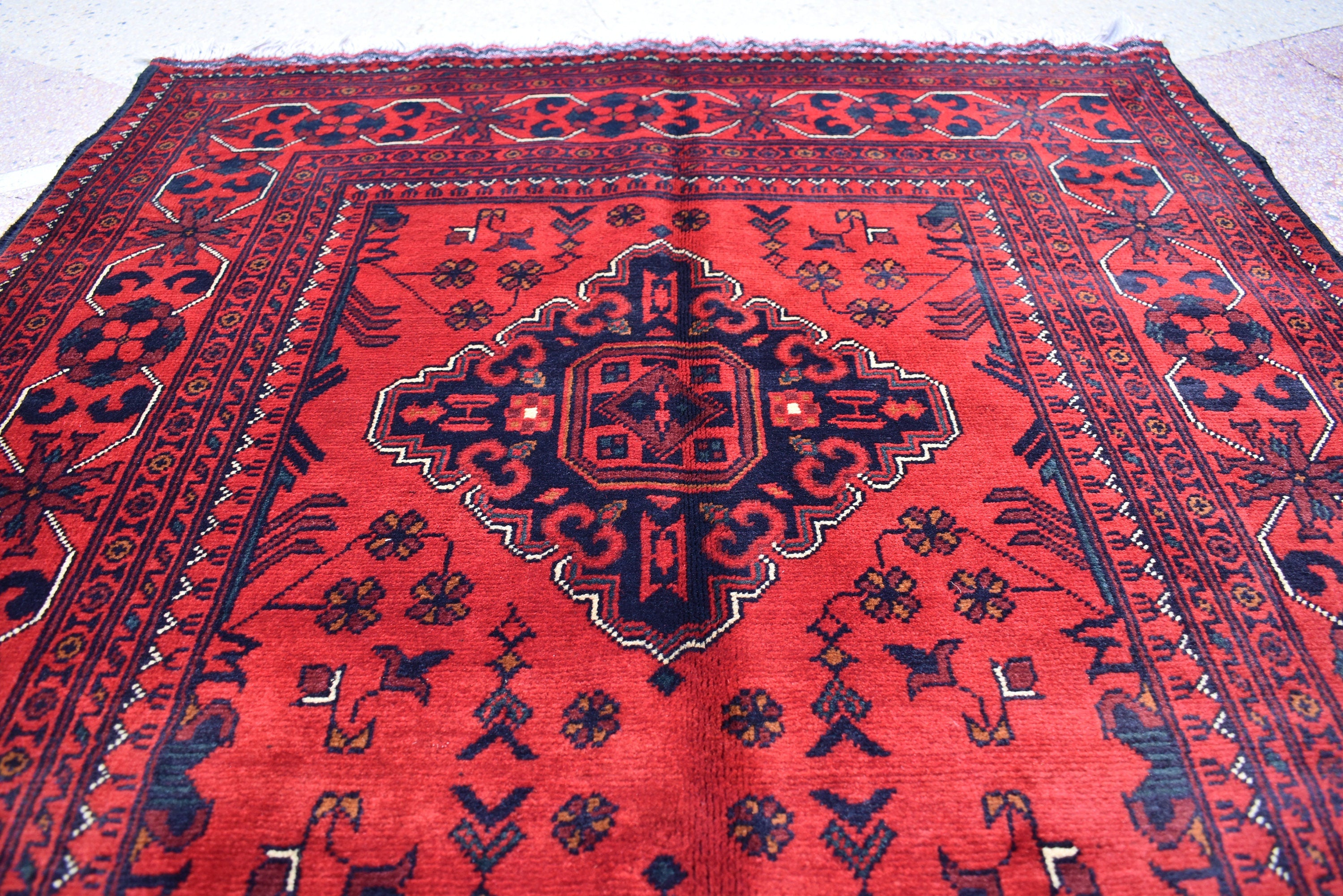 Bokhara Rug – Handmade Afghan Wool Area Rug | Turkmen Bukhara Pattern, Vegetable Dyed Red Oriental Carpet for Home or Wedding Decor 5.3x3.6