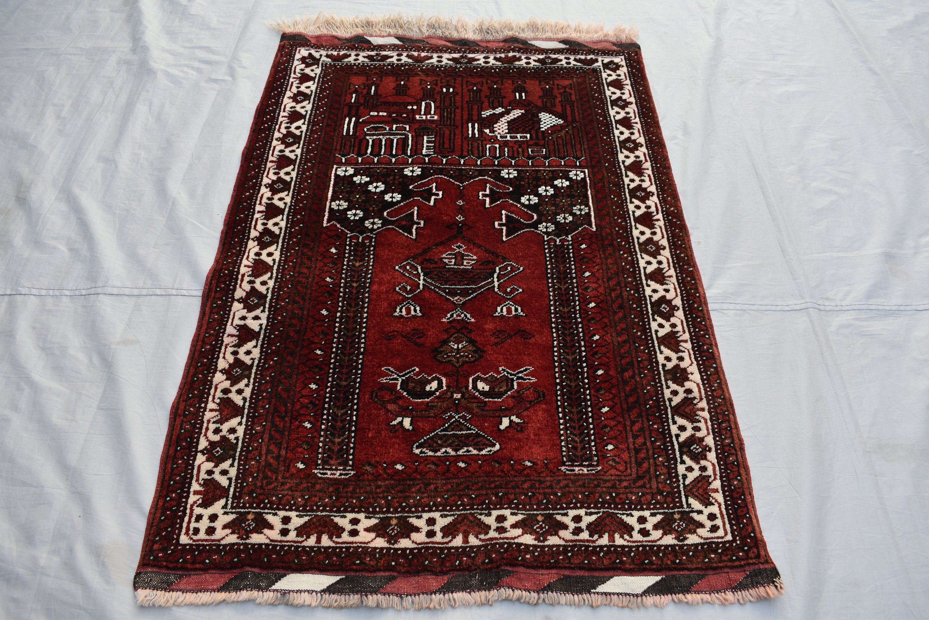 4.2 x 2.9 Vintage Prayer Rug Fine Quality Tribal Prayer Rug Oriental Turkmen Area Rug Handmade Wool Rug Muslim Prayer Carpet