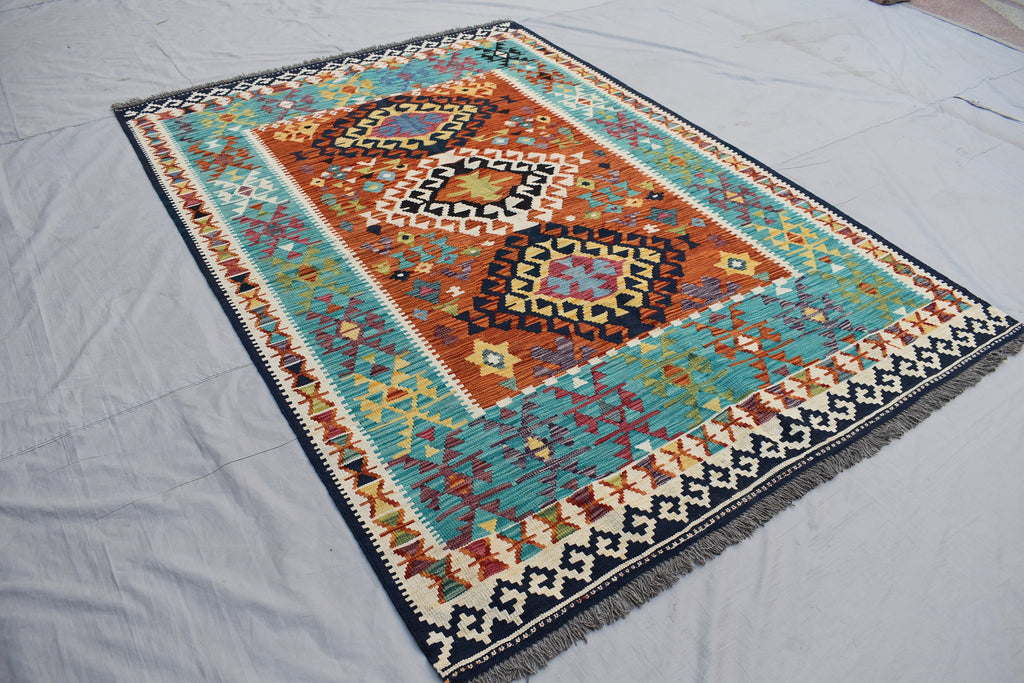 Kilim Area Rug 6x8Ft, Authentic Turkish Style Geometric Kilim Veg dyes Wool Rugs For Living room/ bedroom rug/ Baho Home Decor Rug
