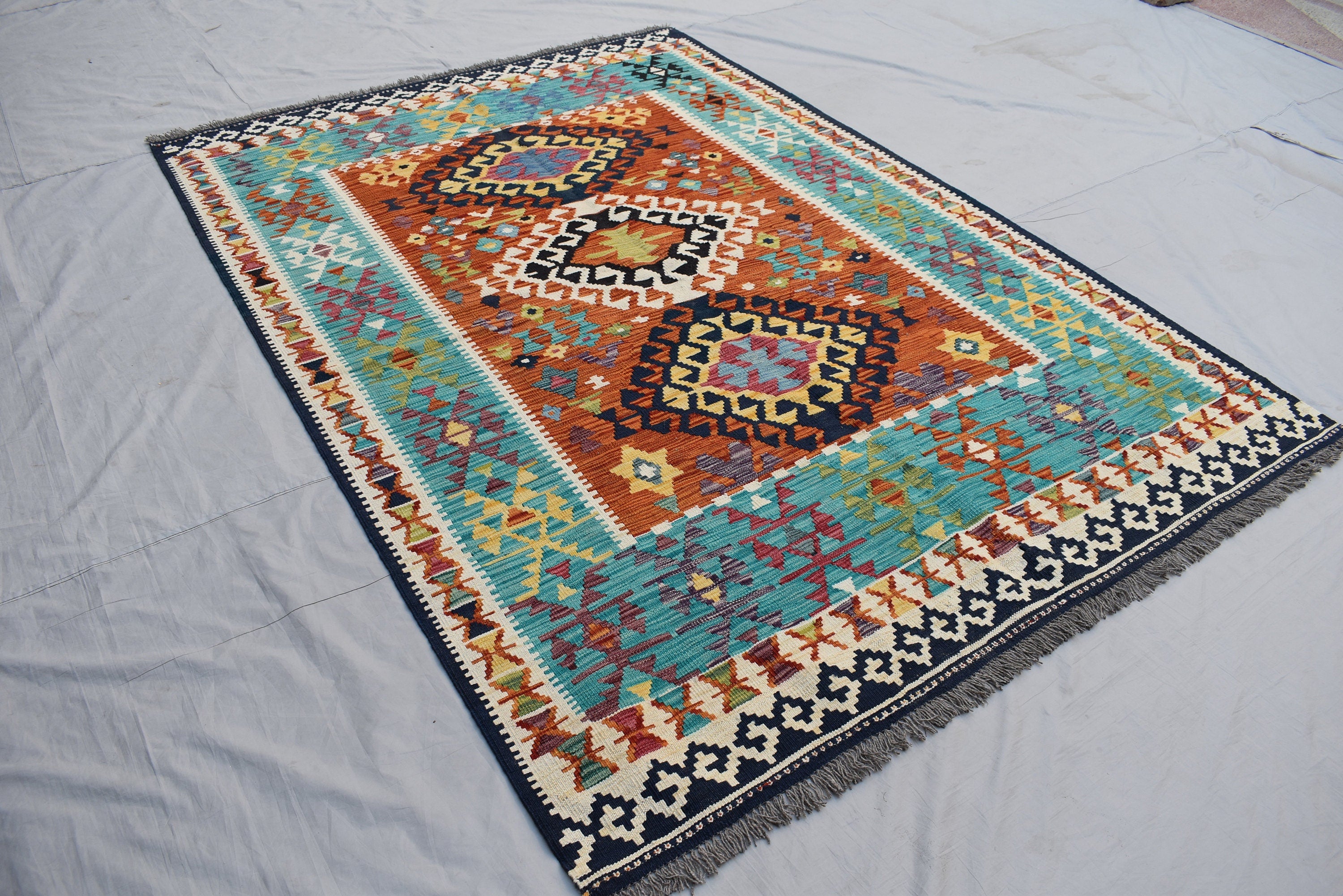 Kilim Area Rug 6x8Ft, Authentic Turkish Style Geometric Kilim Veg dyes Wool Rugs For Living room/ bedroom rug/ Baho Home Decor Rug