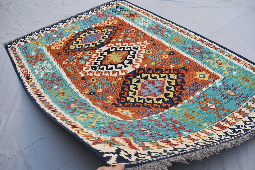 Kilim Area Rug 6x8Ft, Authentic Turkish Style Geometric Kilim Veg dyes Wool Rugs For Living room/ bedroom rug/ Baho Home Decor Rug