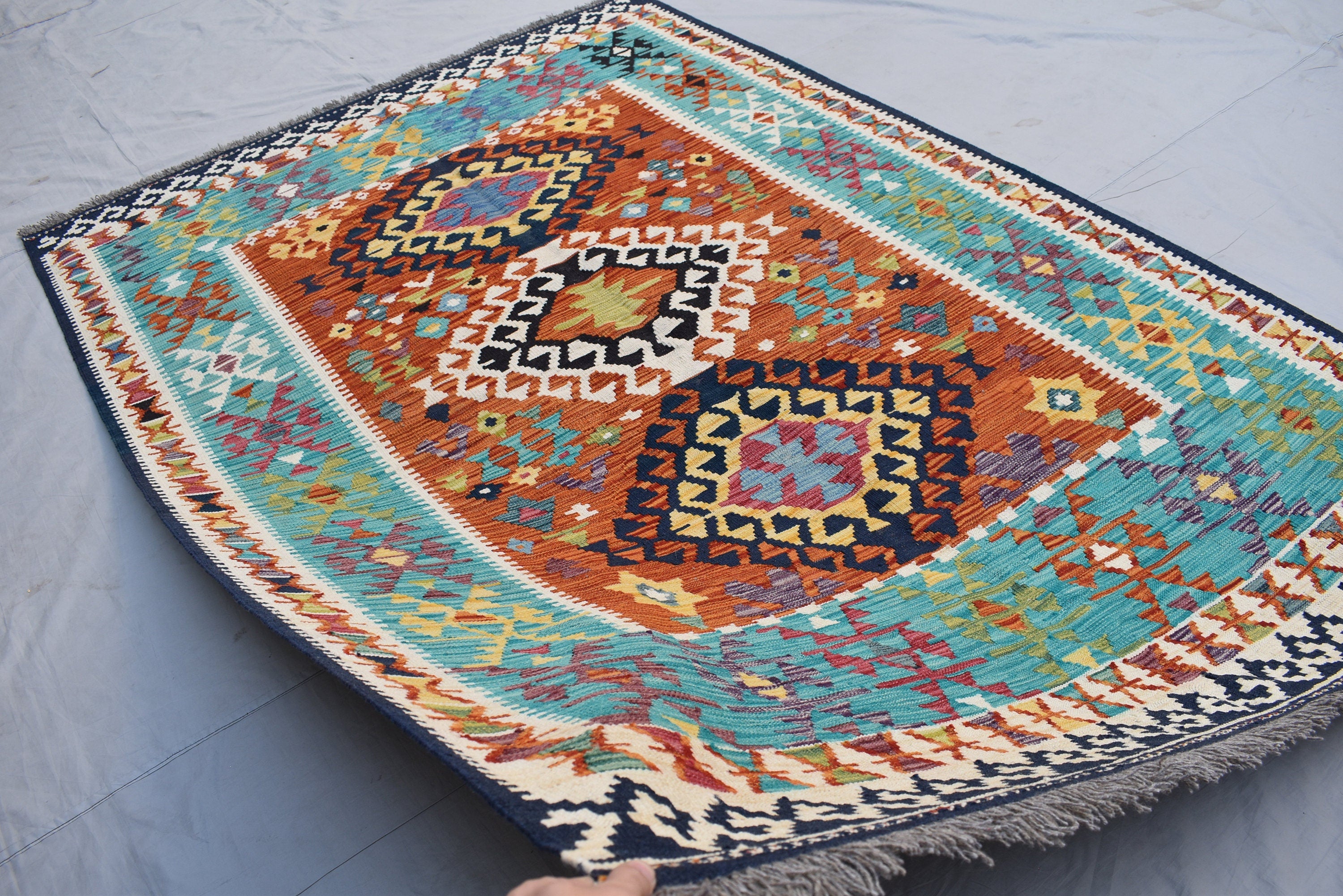 Kilim Area Rug 6x8Ft, Authentic Turkish Style Geometric Kilim Veg dyes Wool Rugs For Living room/ bedroom rug/ Baho Home Decor Rug