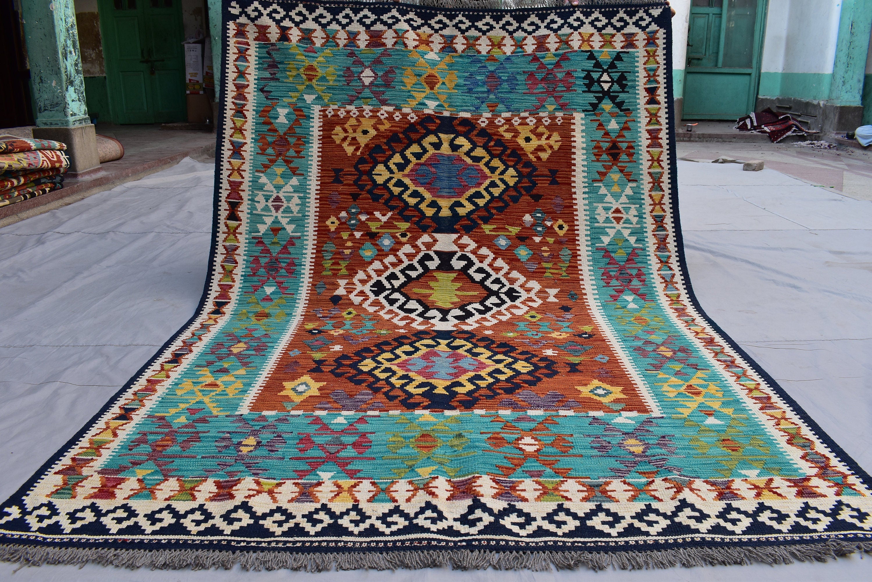 Kilim Area Rug 6x8Ft, Authentic Turkish Style Geometric Kilim Veg dyes Wool Rugs For Living room/ bedroom rug/ Baho Home Decor Rug