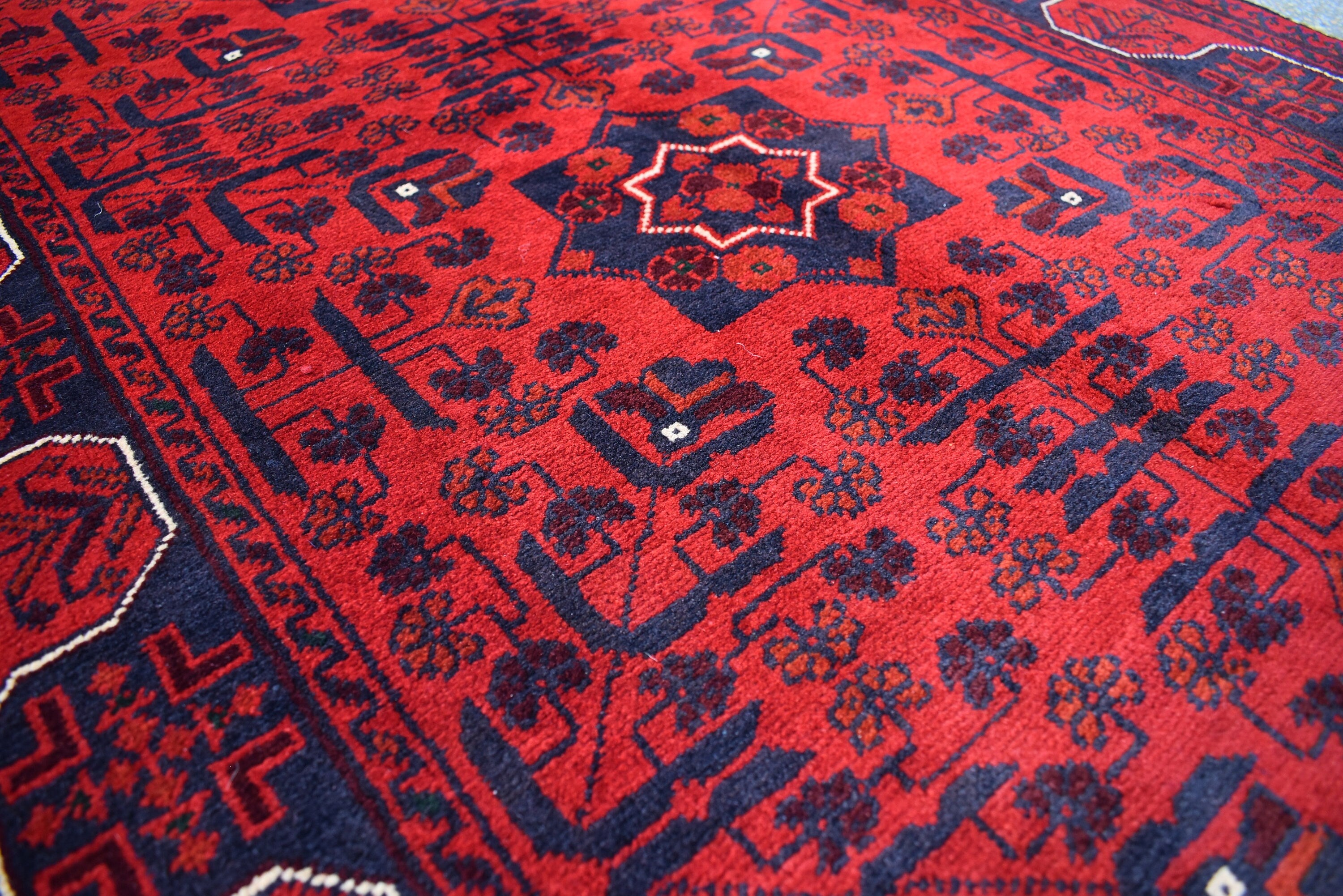 7ft Runner Handwoven Bukhara Afghan Tribal Wool Hallway Runner, Rich Red and Blue Rug, Rug for Entryway, Corridor Rug, Stair Rug 6.9x2.10 ft