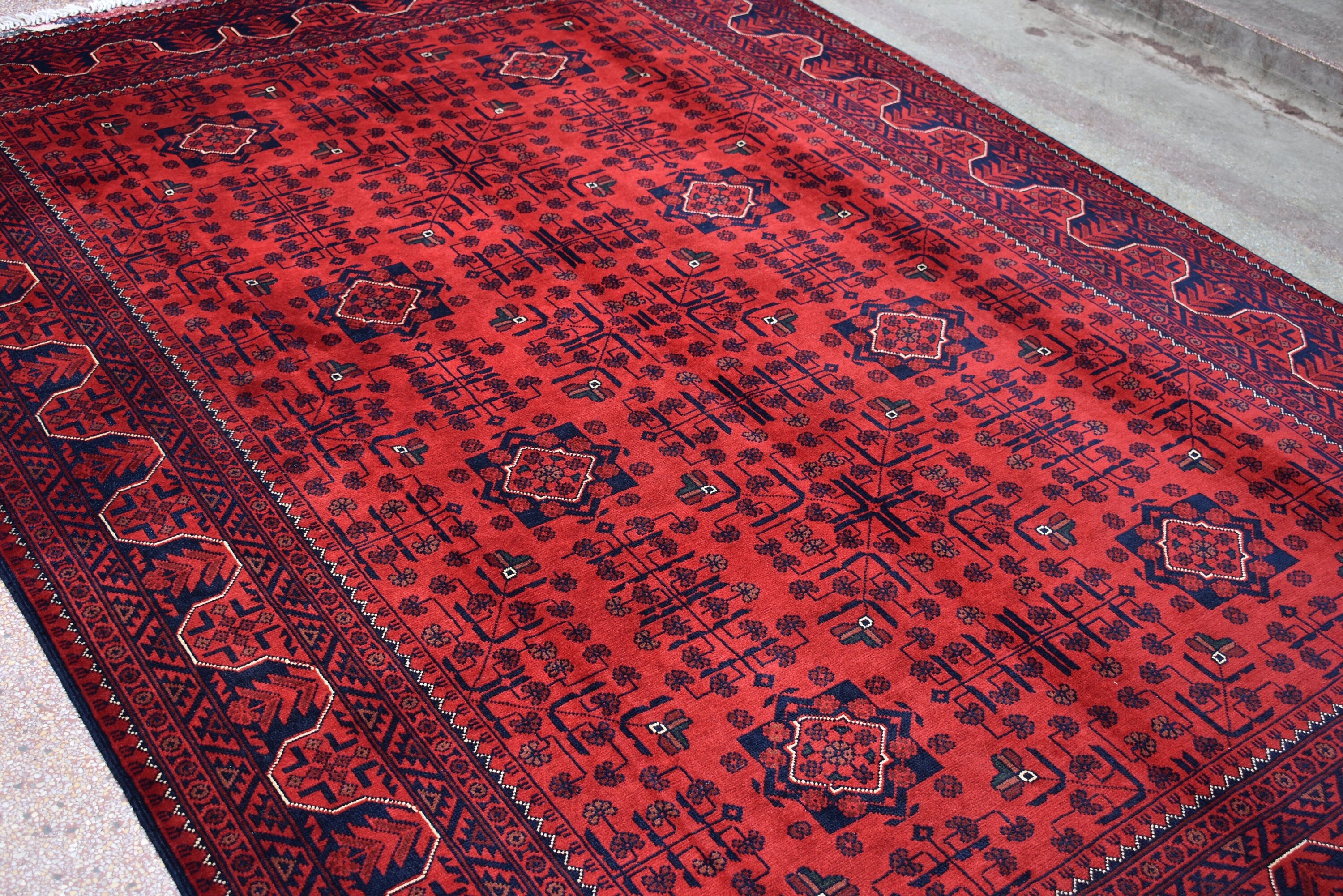 6x8 Rug Afghan Tribal Red Bukhara Handmade Wool Area Rug, Oriental Carpet, Vintage Style Living Room, Decor, Boho Floor Mat, Medium Rug