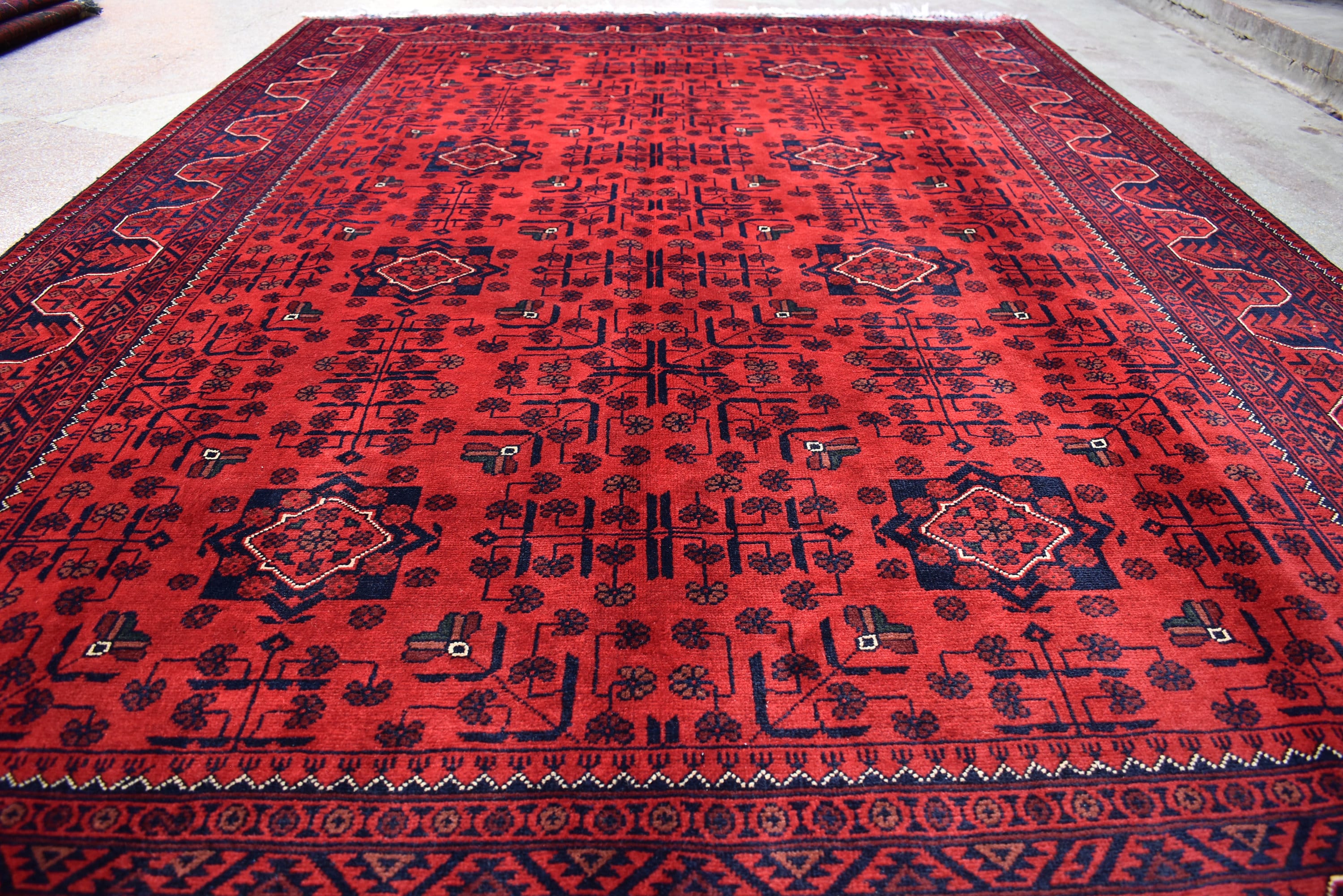 6x8 Rug Afghan Tribal Red Bukhara Handmade Wool Area Rug, Oriental Carpet, Vintage Style Living Room, Decor, Boho Floor Mat, Medium Rug