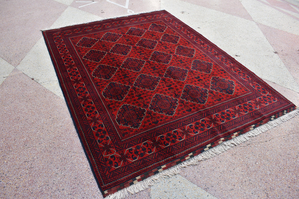 6x8 Handcrafted Bukhara Rug - Rich Red and Blue Design, Traditional Wool, 7.11x6 ft, Handmade, Elegant, High-Quality, Rug for Living Room