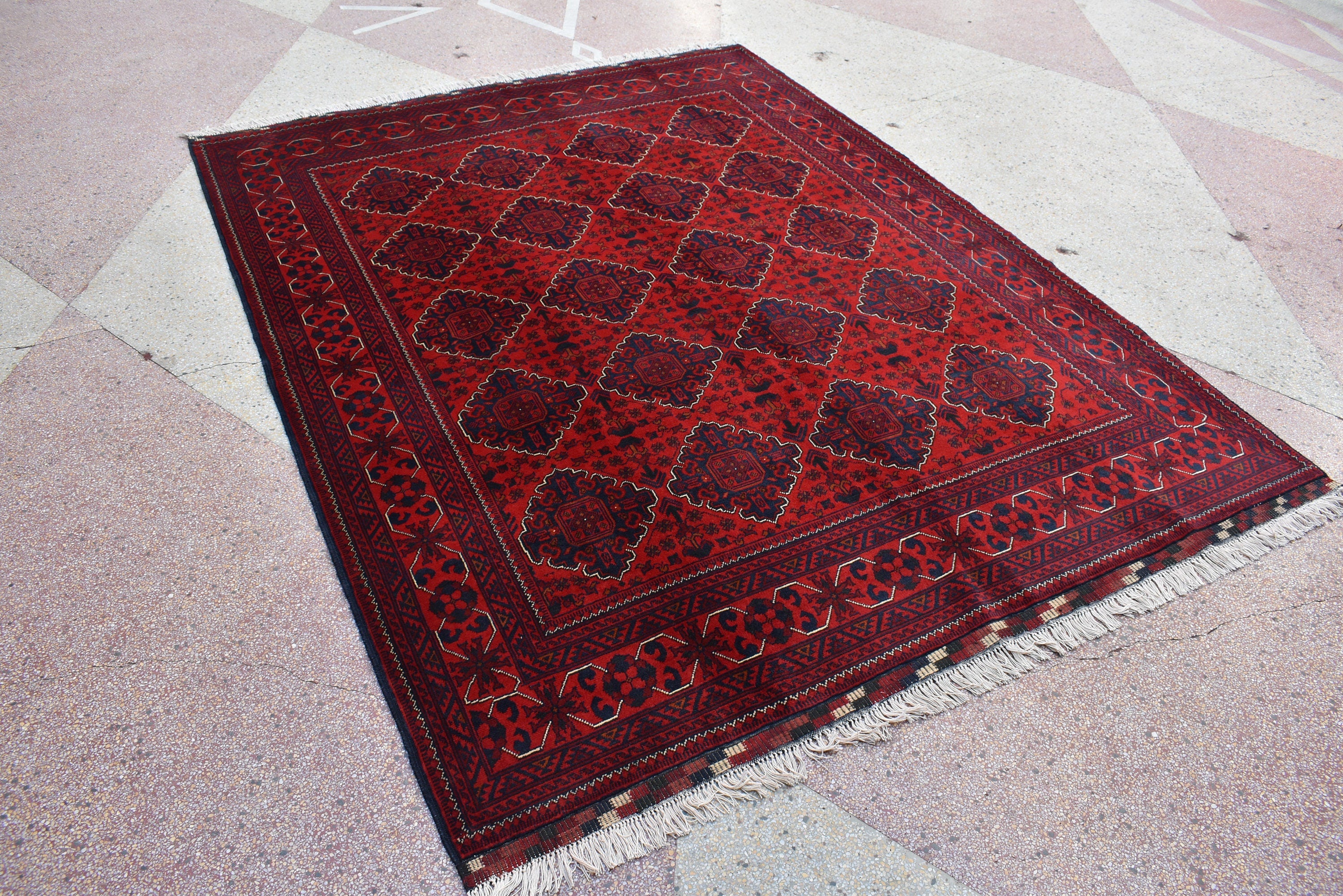 6x8 Handcrafted Bukhara Rug - Rich Red and Blue Design, Traditional Wool, 7.11x6 ft, Handmade, Elegant, High-Quality, Rug for Living Room