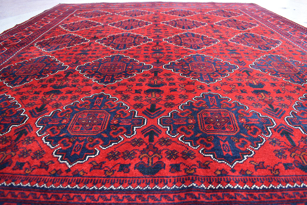 6x8 Handcrafted Bukhara Rug - Rich Red and Blue Design, Traditional Wool, 7.11x6 ft, Handmade, Elegant, High-Quality, Rug for Living Room