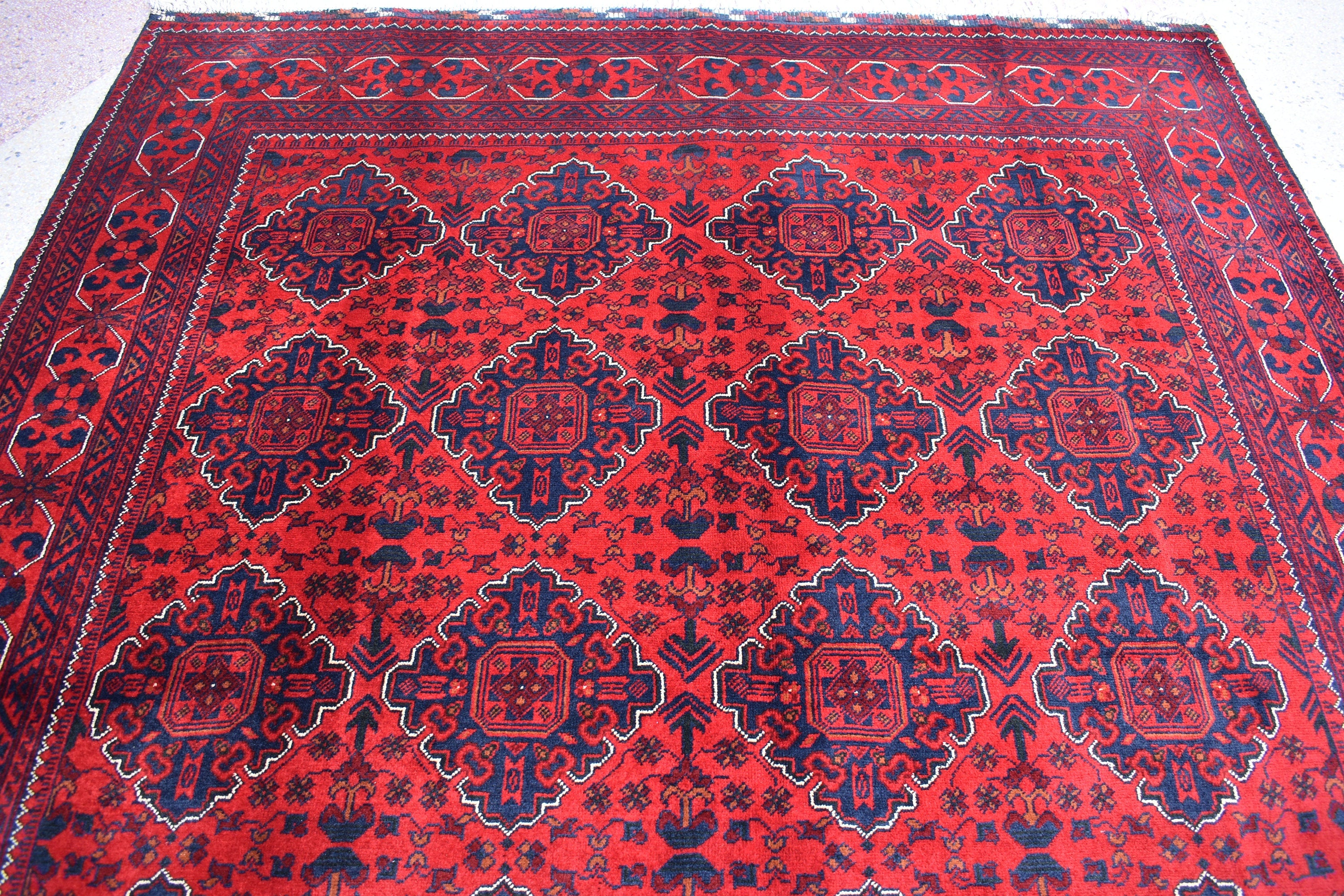 6x8 Handcrafted Bukhara Rug - Rich Red and Blue Design, Traditional Wool, 7.11x6 ft, Handmade, Elegant, High-Quality, Rug for Living Room