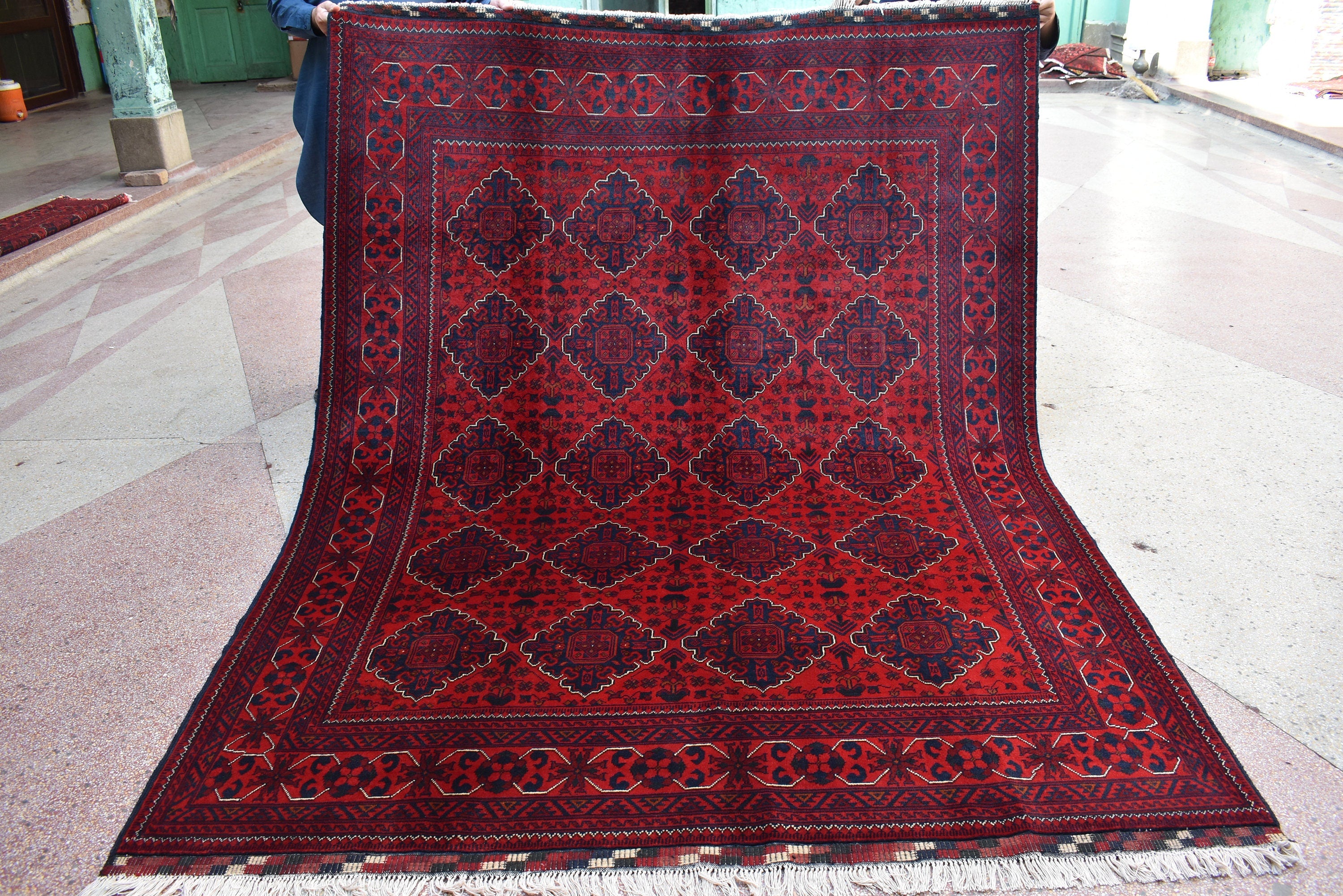 6x8 Handcrafted Bukhara Rug - Rich Red and Blue Design, Traditional Wool, 7.11x6 ft, Handmade, Elegant, High-Quality, Rug for Living Room