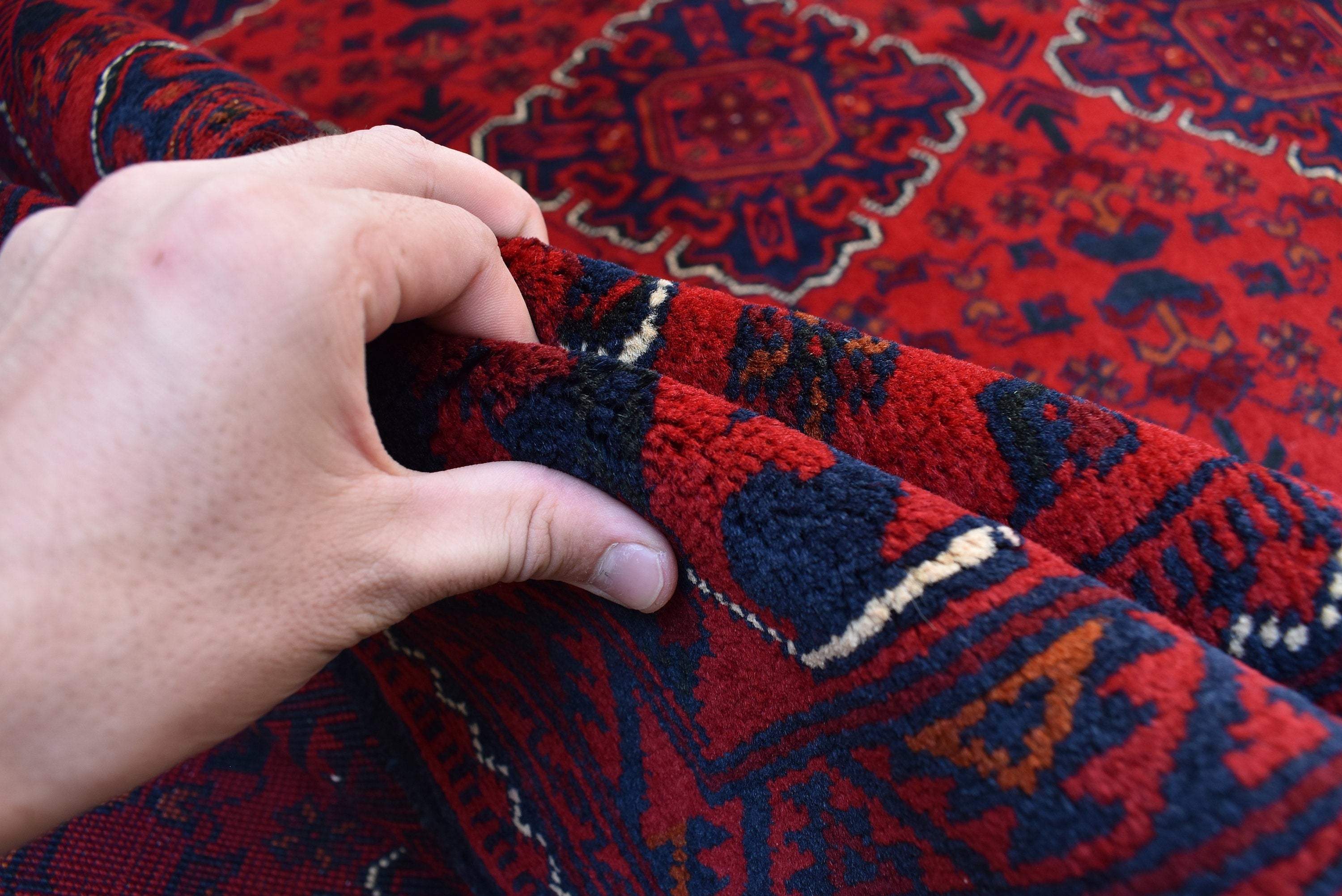 6x8 Handcrafted Bukhara Rug - Rich Red and Blue Design, Traditional Wool, 7.11x6 ft, Handmade, Elegant, High-Quality, Rug for Living Room