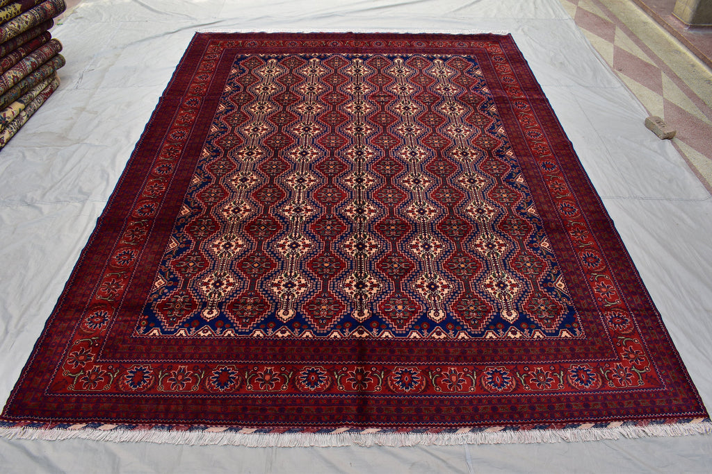 10x13 Large Handwoven Afghan Wool Rug, Rich Red and Navy Blue Oriental Rug, Rug for Living Room, Rug for Dining Room, Boho Home Decor