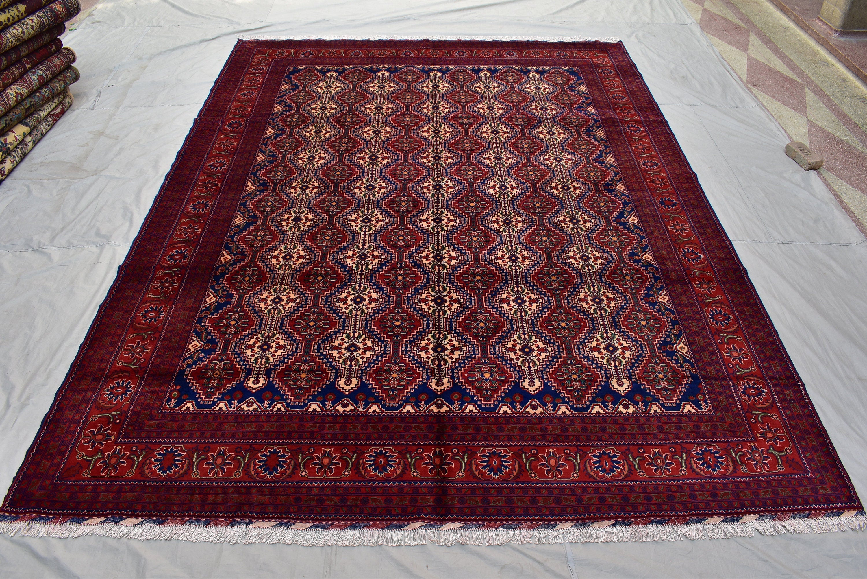 10x13 Large Handwoven Afghan Wool Rug, Rich Red and Navy Blue Oriental Rug, Rug for Living Room, Rug for Dining Room, Boho Home Decor