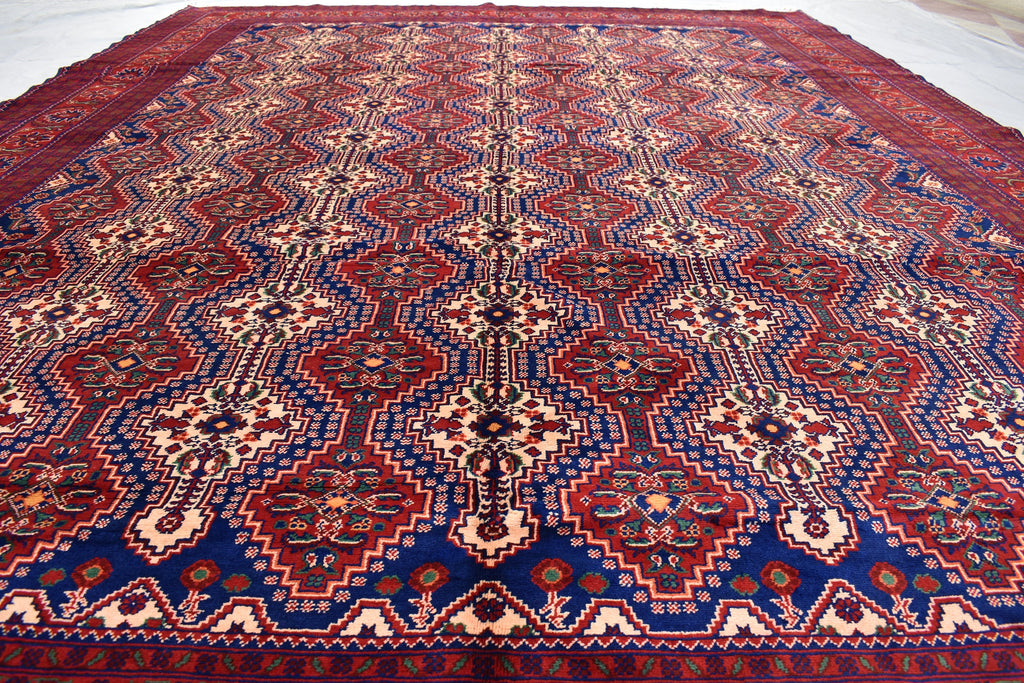 10x13 Large Handwoven Afghan Wool Rug, Rich Red and Navy Blue Oriental Rug, Rug for Living Room, Rug for Dining Room, Boho Home Decor