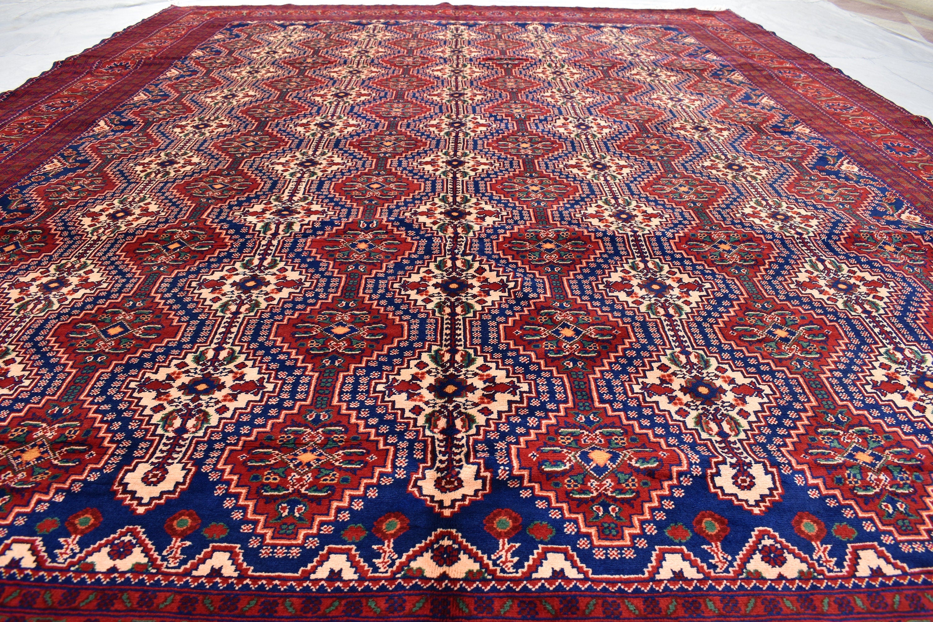 10x13 Large Handwoven Afghan Wool Rug, Rich Red and Navy Blue Oriental Rug, Rug for Living Room, Rug for Dining Room, Boho Home Decor
