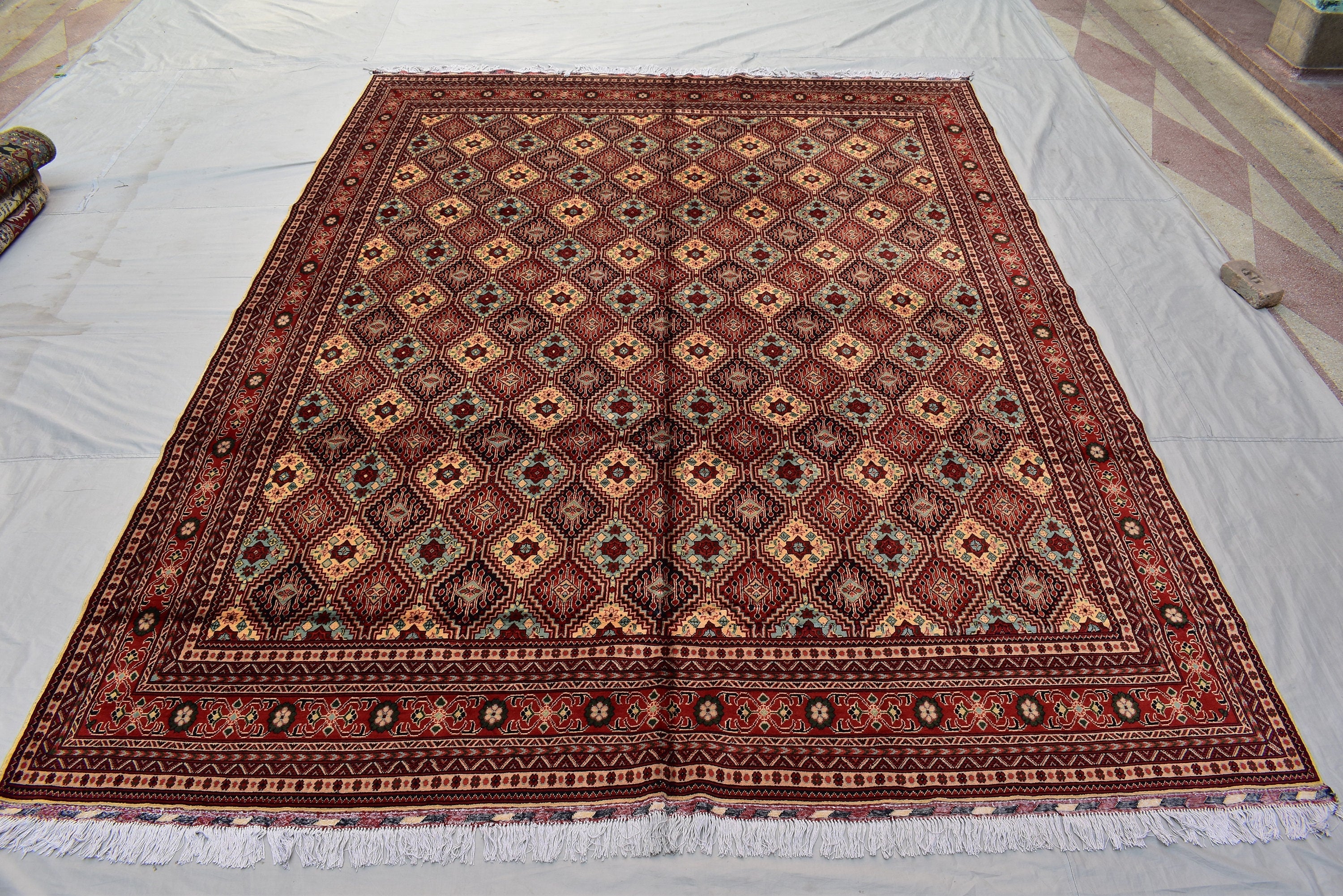 Ft 12.10 x 9.9 Large Handmade Rug Large Afghan Turkmen Tribal Yalama Gol Bokhara Pattern Wool Veg dye, Large Oriental Afghan
