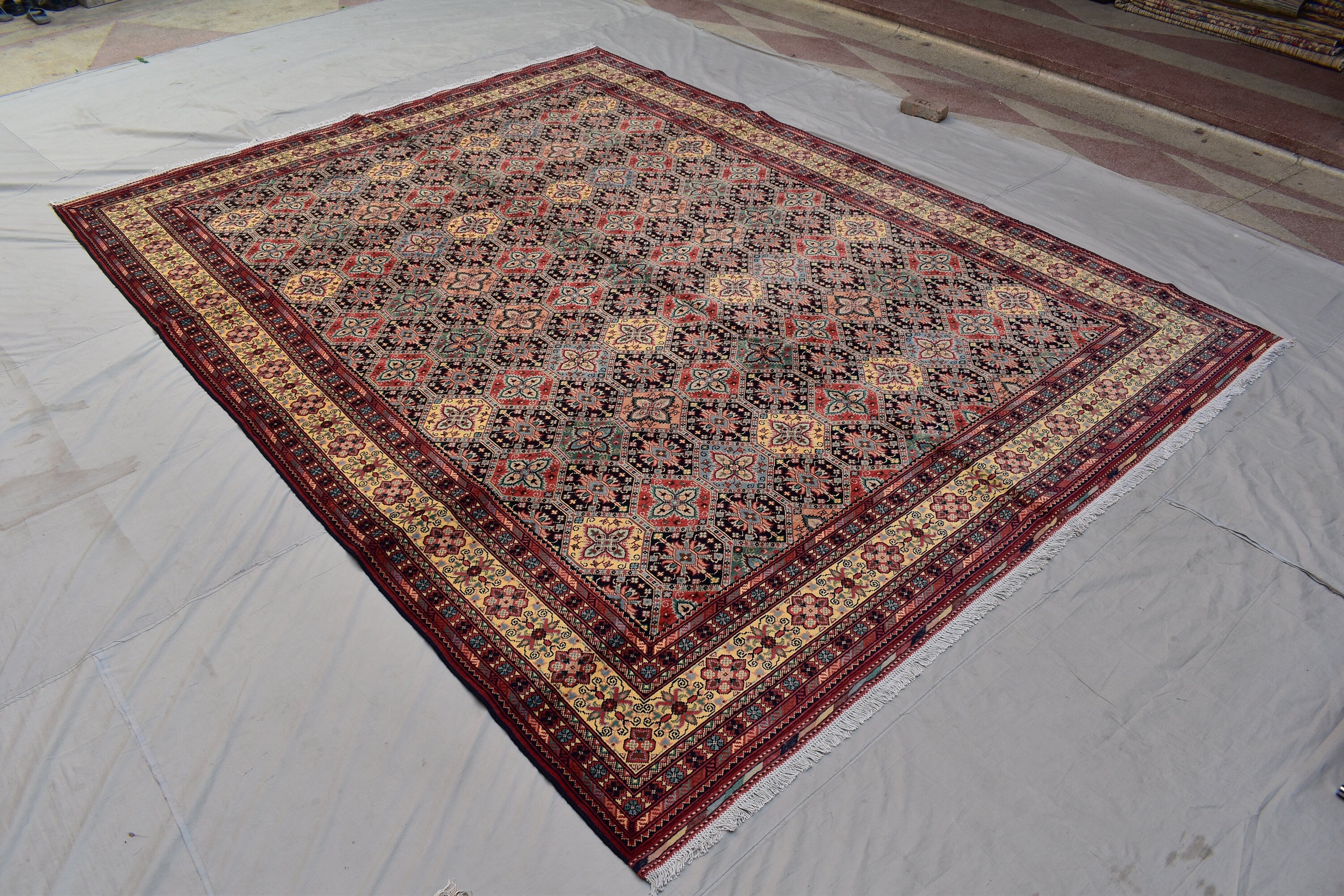 13.2 x 9.11 Ft Large Area Rug Afghan Handmade High Pile RugTukroman Multi Color Silky Soft Wool Rug Oriental Bokhara Ersari Rug For Bedroom