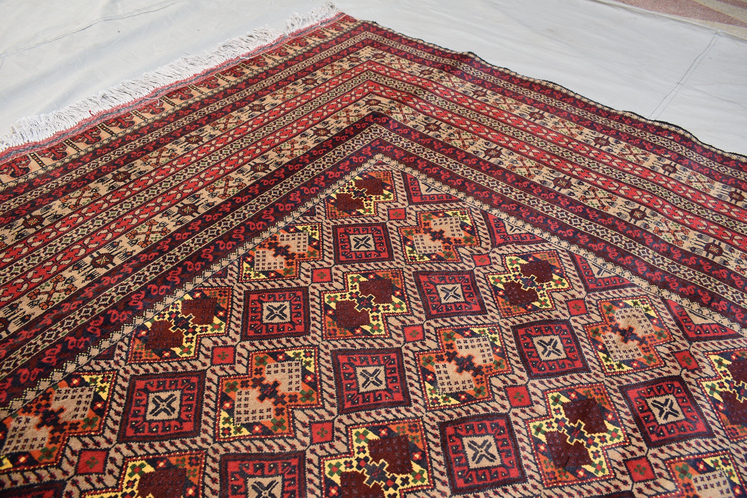 Large Afghan Wool Rug – Handmade Turkmen Wool Carpet |Bokhara Pattern Oriental Rug | Vegetable Dyed Tribal Area Rug, Living Room Rug 10x13ft