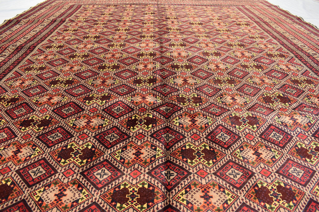 Large Afghan Wool Rug – Handmade Turkmen Wool Carpet |Bokhara Pattern Oriental Rug | Vegetable Dyed Tribal Area Rug, Living Room Rug 10x13ft