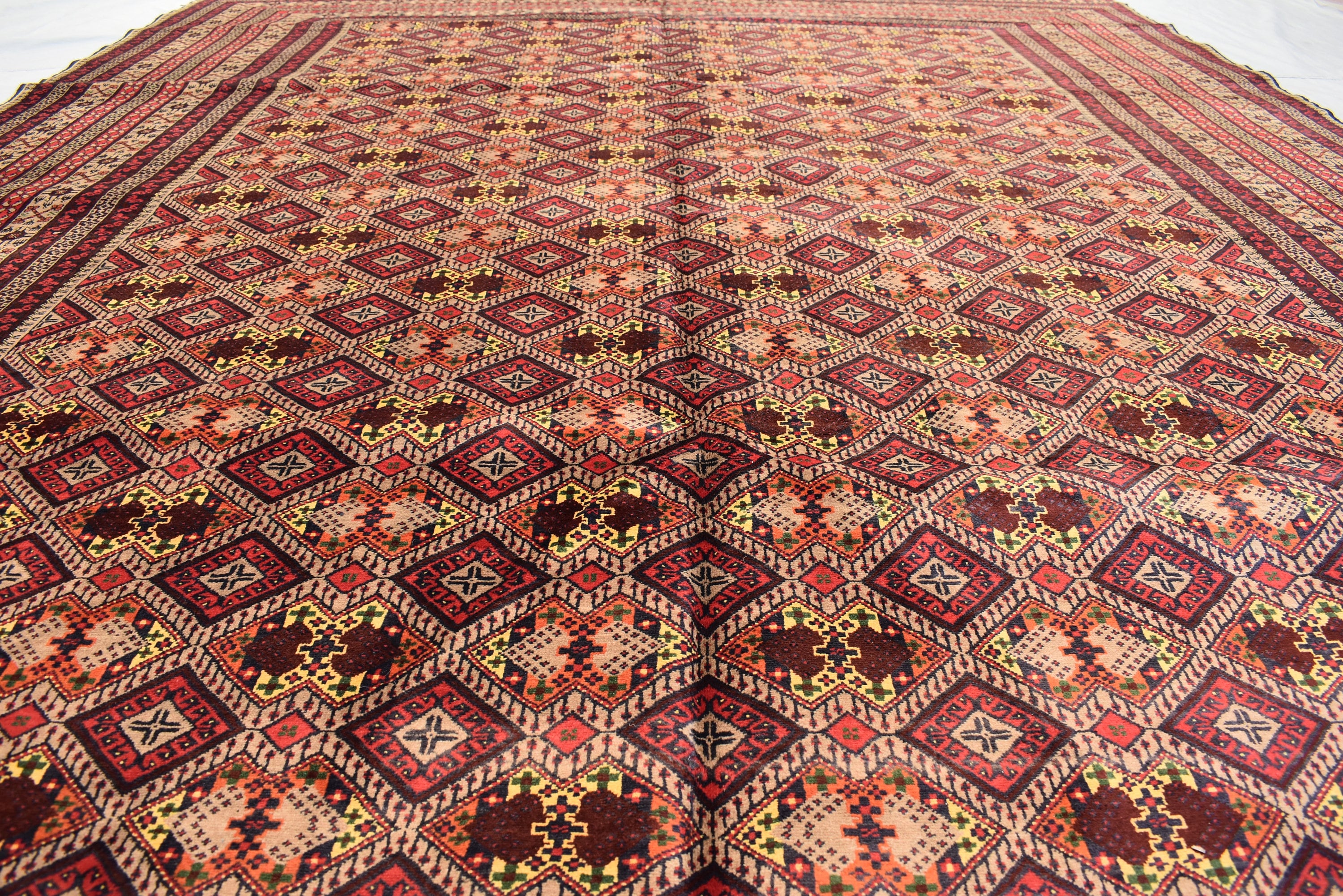 Large Afghan Wool Rug – Handmade Turkmen Wool Carpet |Bokhara Pattern Oriental Rug | Vegetable Dyed Tribal Area Rug, Living Room Rug 10x13ft