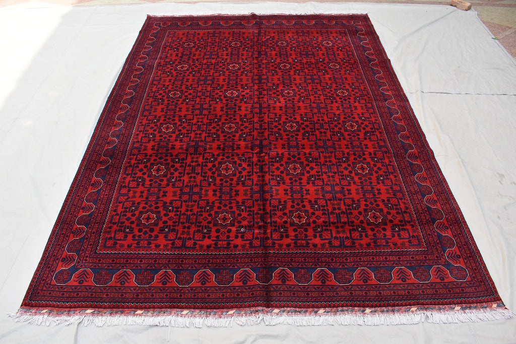 8x11 Hand-knotted Afghan Tribal Traditional Bukhara Pattern Rug, Rich Red and Navy Blue Rug, Perfect for Living Room, Bedroom Rug, 11.5x8.1