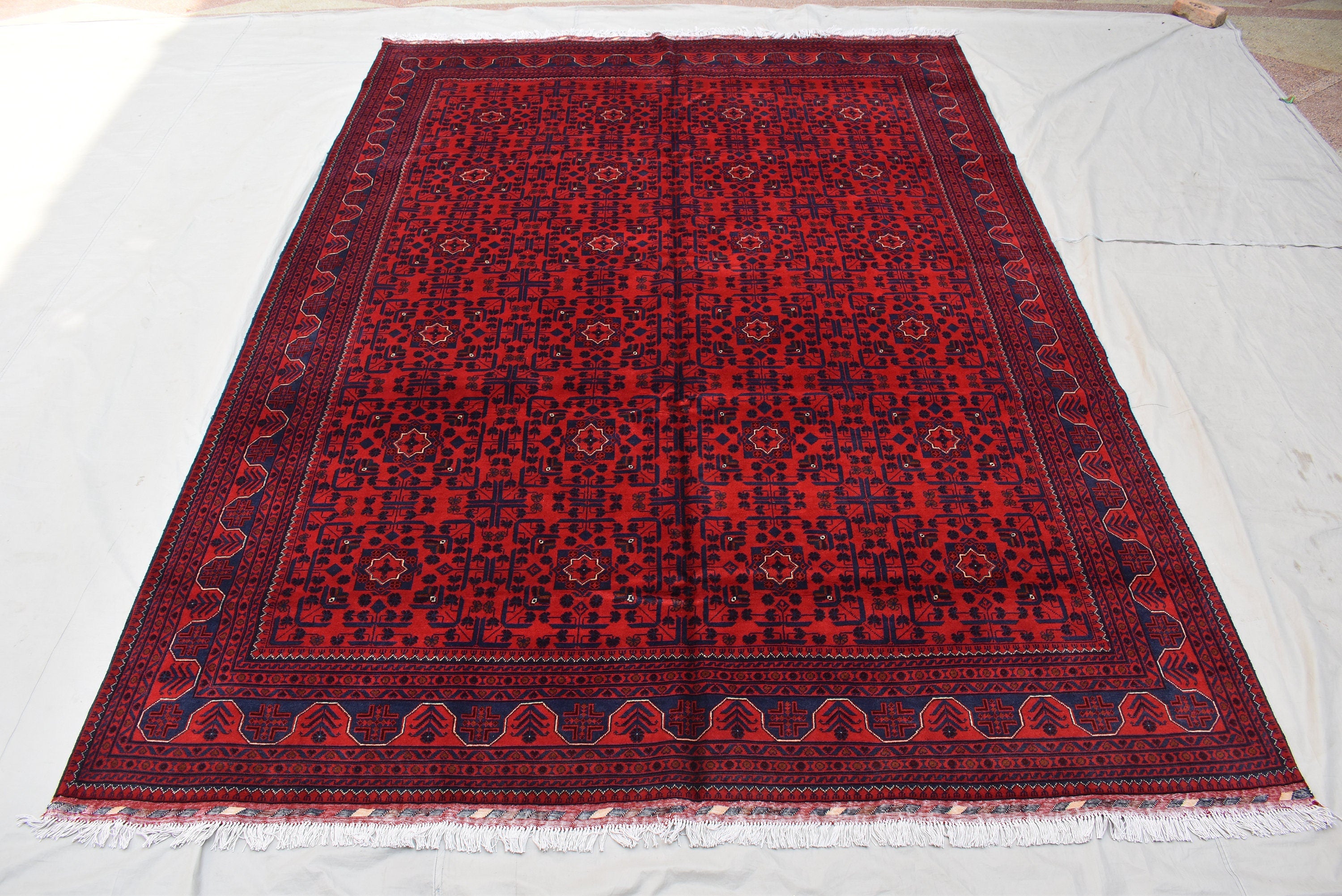 8x11 Hand-knotted Afghan Tribal Traditional Bukhara Pattern Rug, Rich Red and Navy Blue Rug, Perfect for Living Room, Bedroom Rug, 11.5x8.1